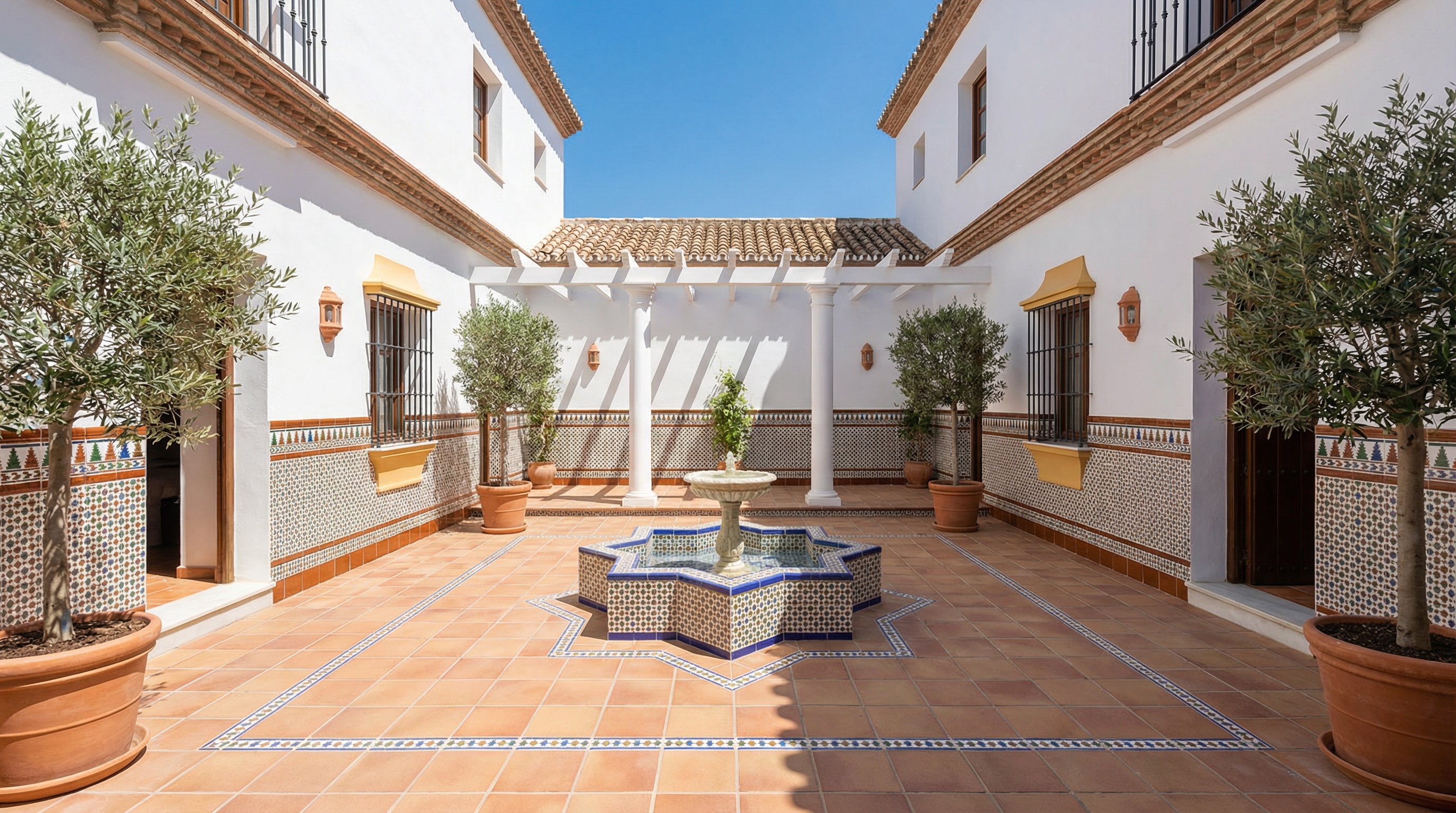 Eine moderne mediterrane Villa an der Costa del Sol mit eleganter Architektur, üppigen Gärten und einer ruhigen Außenterrasse unter einem strahlend blauen Himmel.