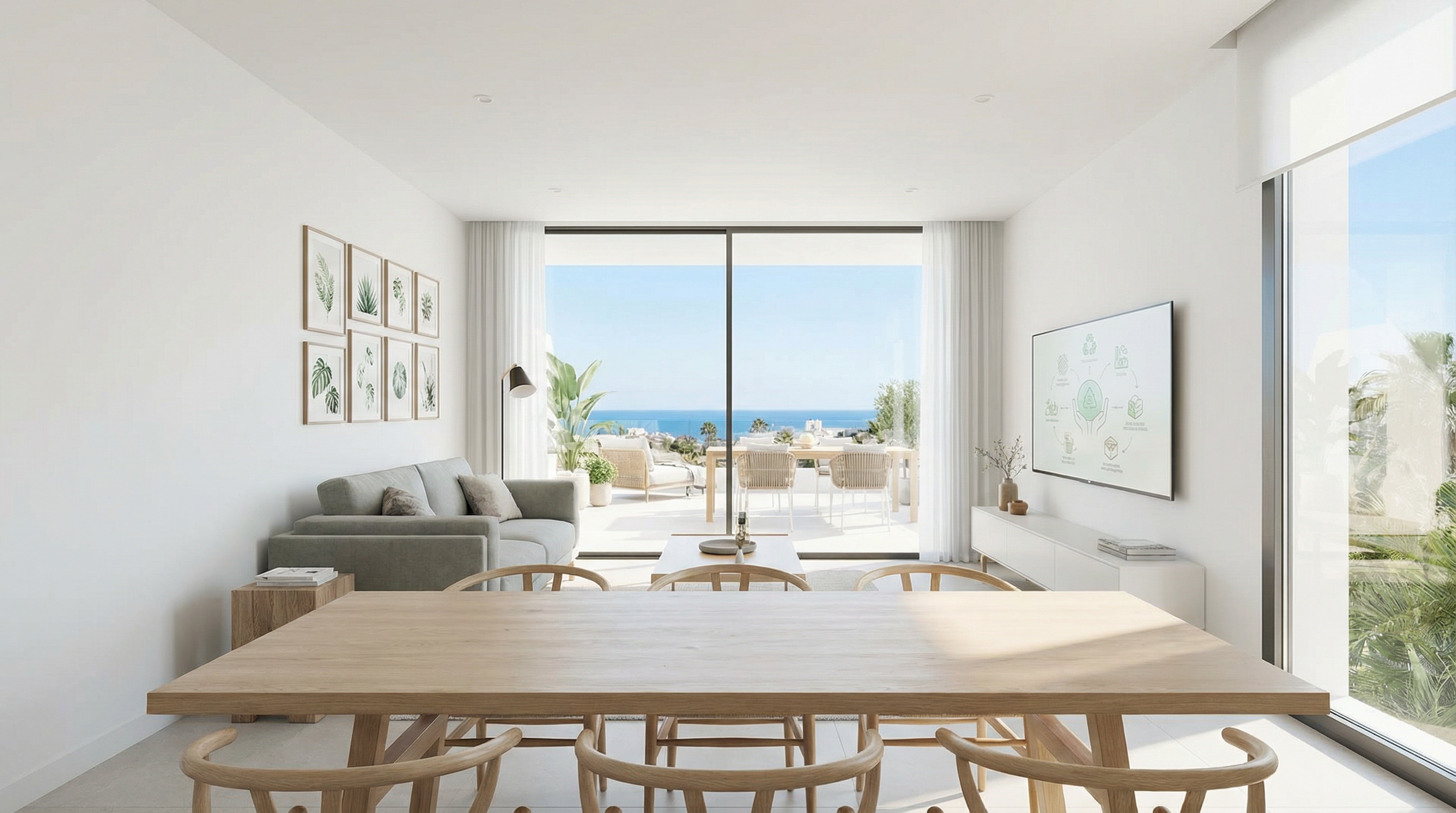 Een moderne mediterrane villa aan de Costa del Sol met elegante architectuur, weelderige tuinen en een sereen buitenterras onder een felblauwe lucht.