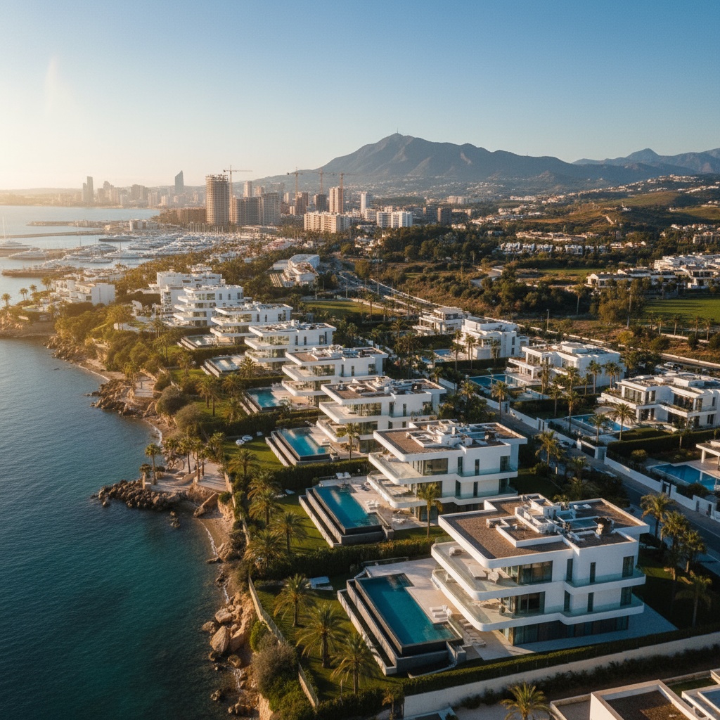 A cinematic, ultra-realistic aerial image of Estepona’s New Golden Mile, Spain — captured in late afternoon sunlight, with wa