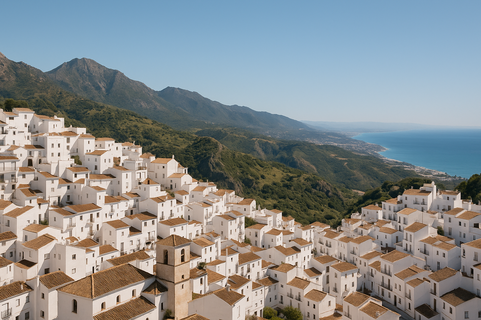 Aerial view of Casares, Costa del Sol showing Mediterranean coastline, luxury properties, and buying property opportunities