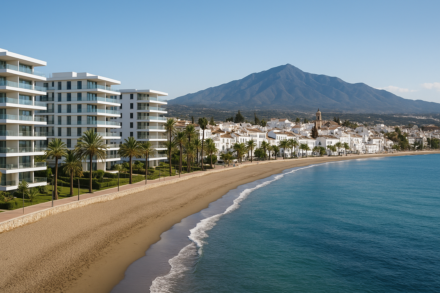 Aerial view of Estepona, Costa del Sol showing Mediterranean coastline, luxury properties, and investment guide opportunities