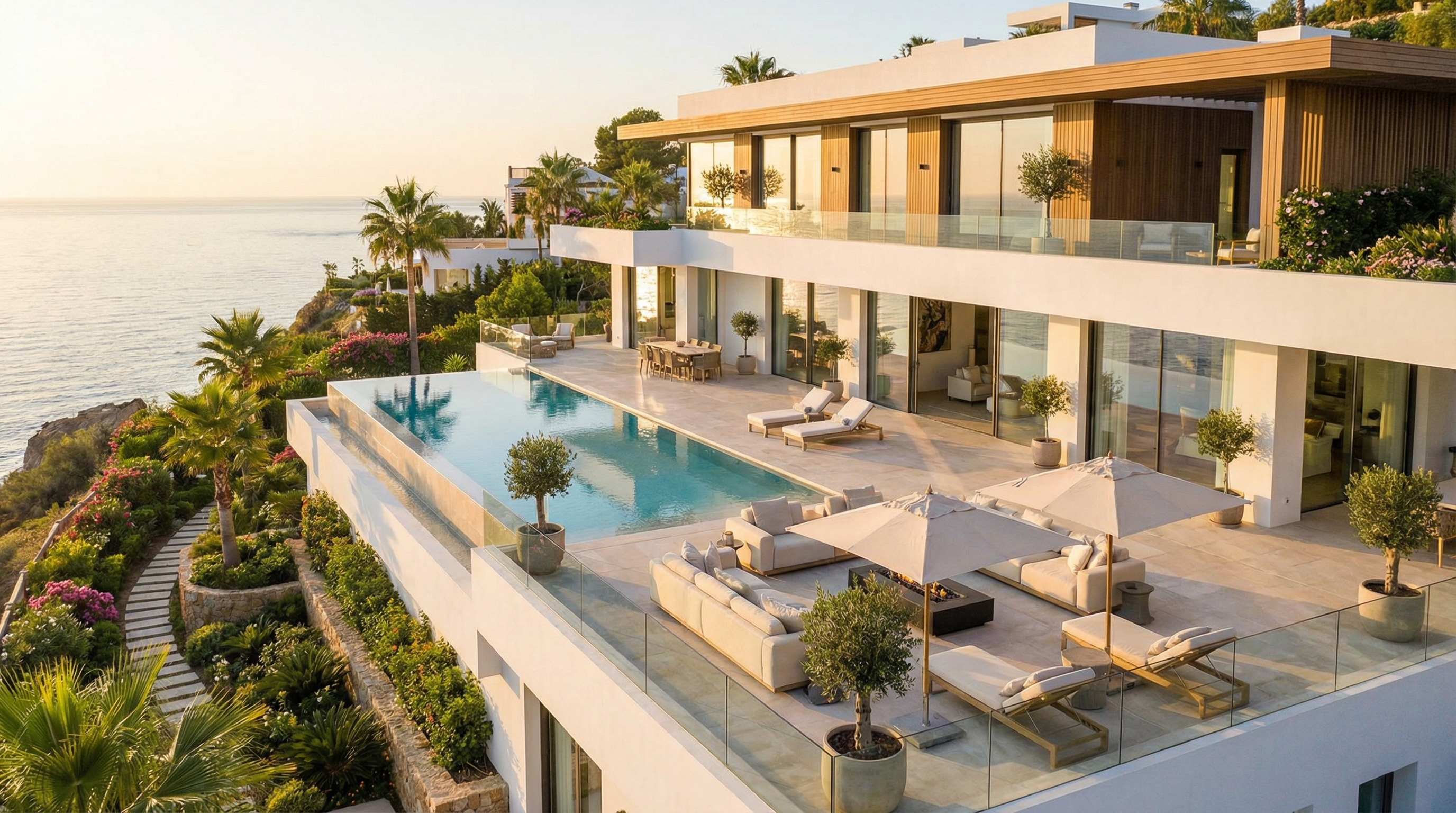 Luxusmárkás rezidencia a Costa del Solon, modern építészeti elemekkel, lenyűgöző végtelen medencével és gyönyörű kertekkel, a Földközi-tengerre nézve.