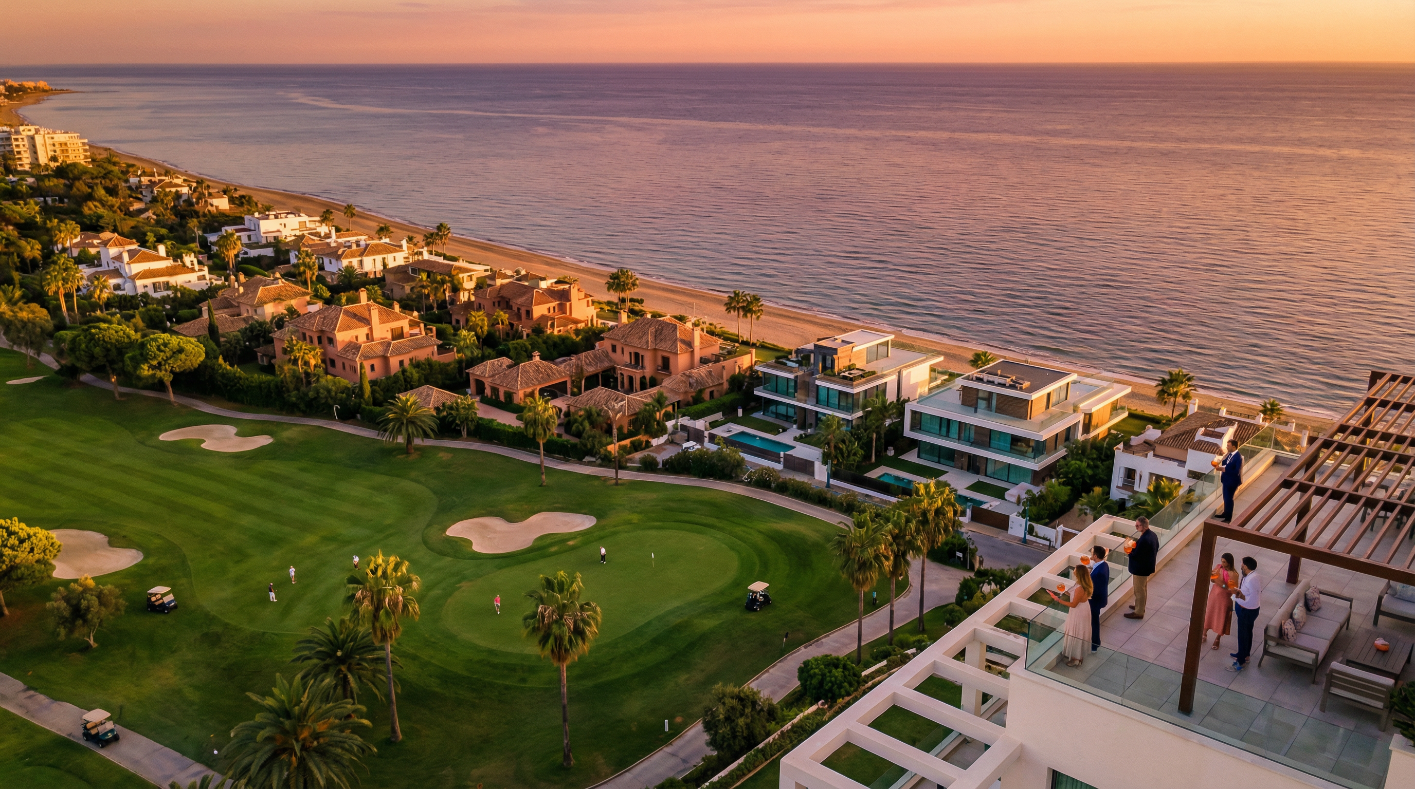 A Costa del Sol lenyűgöző tengerparti látképe naplementében, luxus villák és golfpályák láthatók a háttérben, mediterrán stílusban.