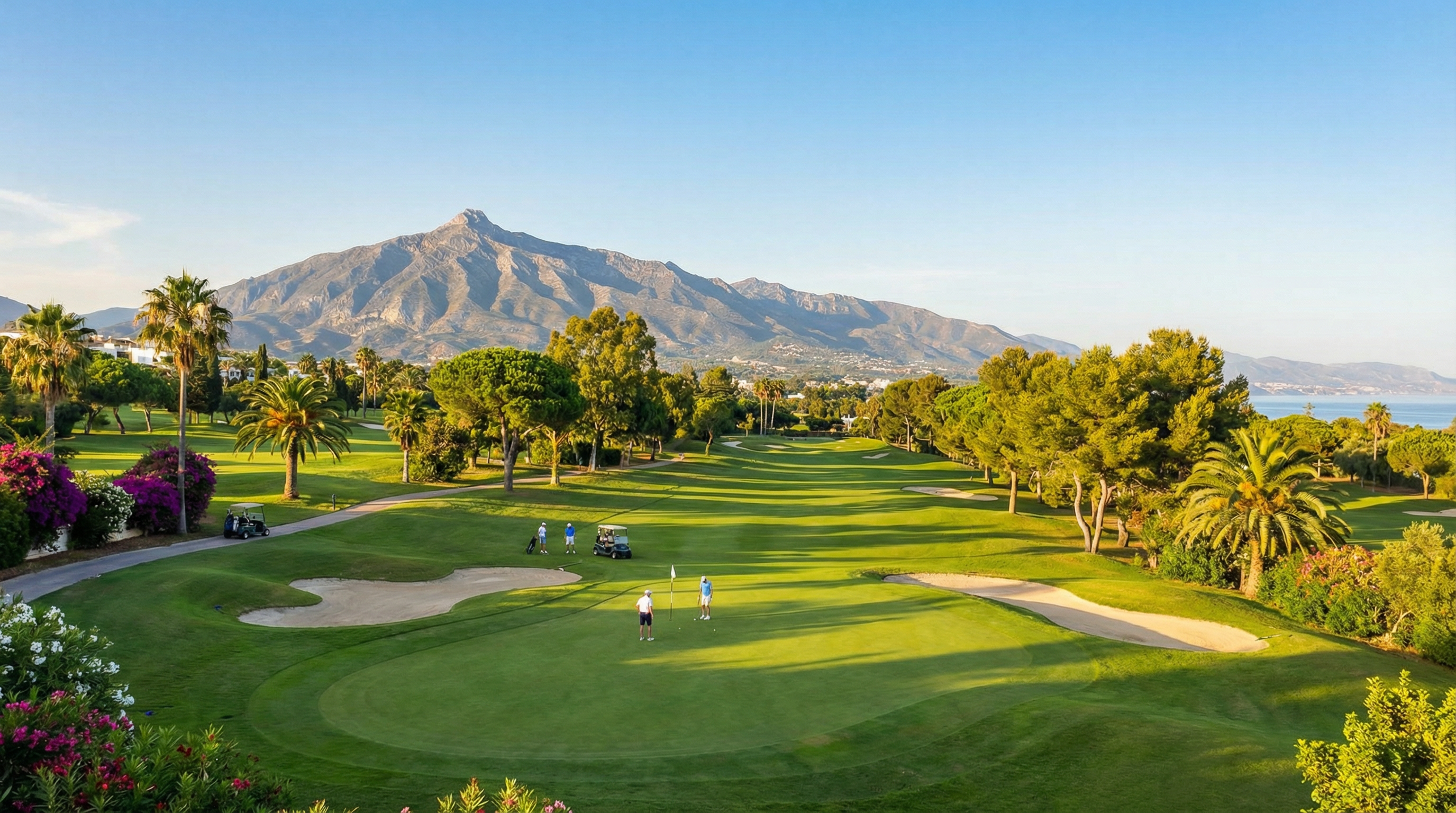 Panoramic view of a vibrant golf course on the Costa del Sol, with Sierra Blanca mountains in the background and golfers enjoying the sunny weather.