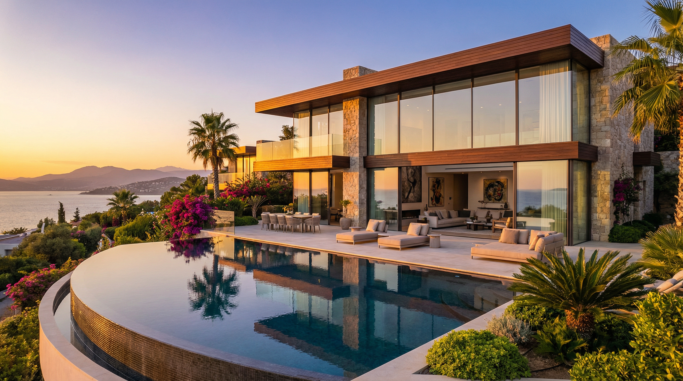 Modern villa panorámás kilátással a Földközi-tengerre, Costa del Sol szívében. Luxus belső tér, hatalmas üvegablakok, végtelen medence és pálmafák.