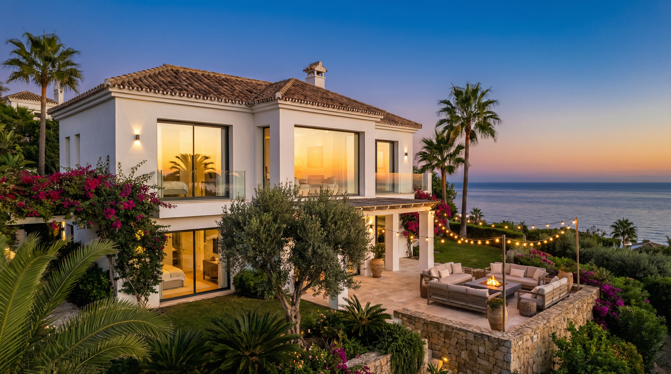 En modern medelhavsvilla på Costa del Sol med vita stucco väggar, terrakottataksplattor och stora glasfönster som reflekterar kvällsljuset.