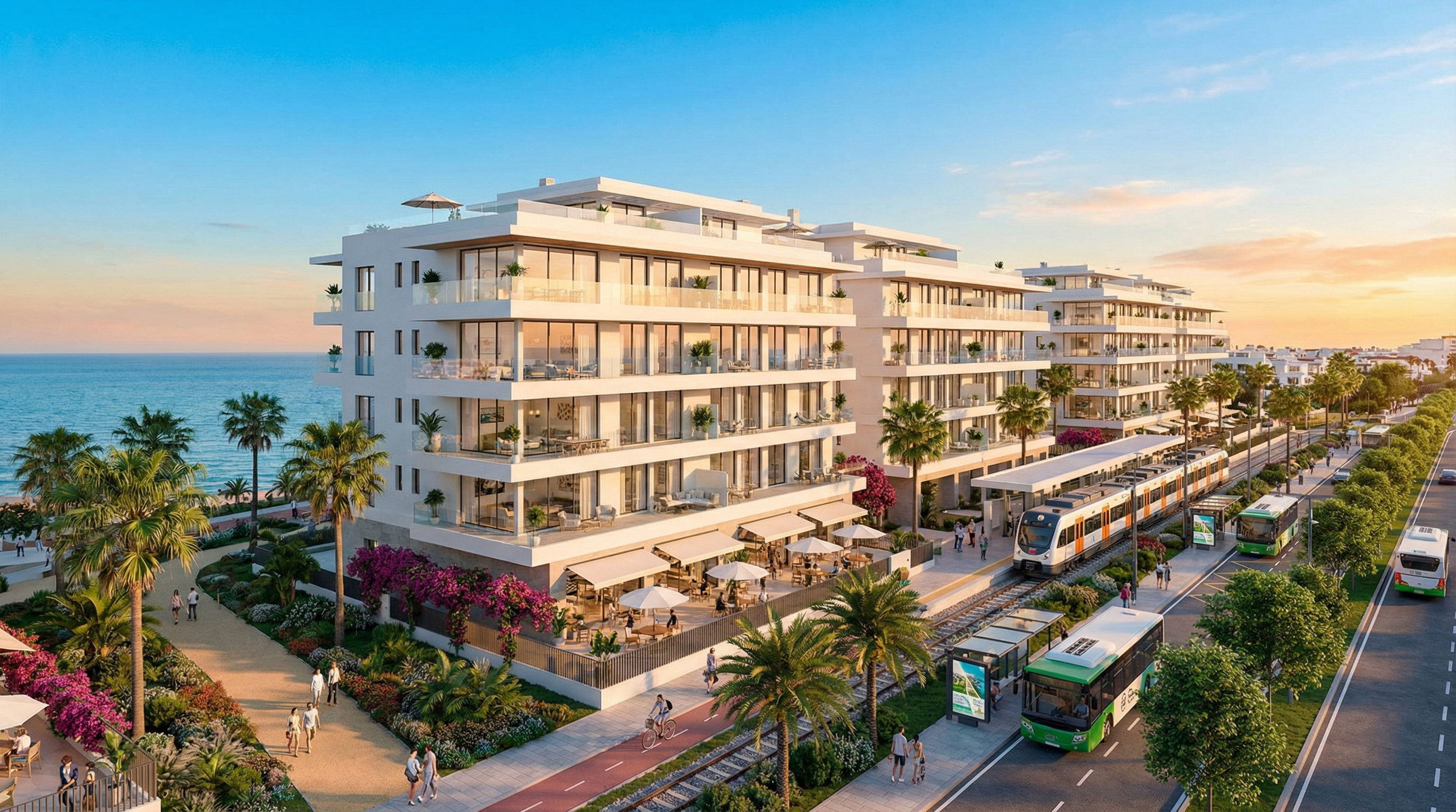 Moderni asuinkompleksi Costa del Solilla, lähellä julkista liikennettä, merinäköala, vehreät kävelyreitit ja ihmisiä nauttimassa ulkoilmasta.