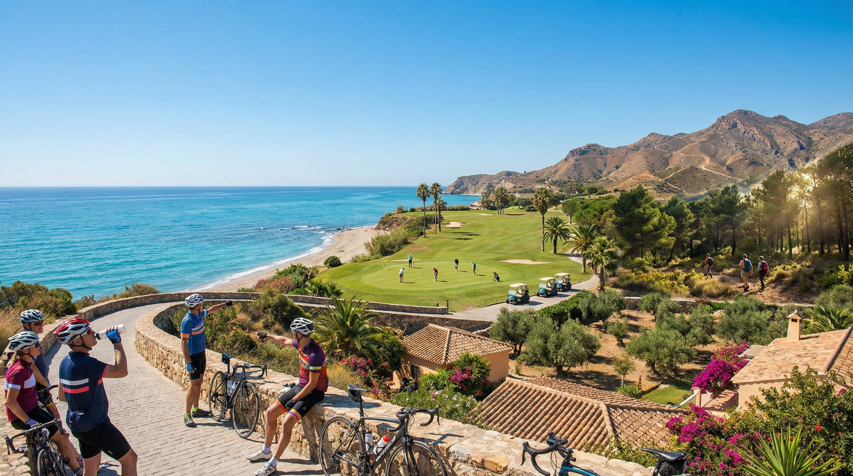 Panoramautsikt over Costa del Sol med en golfbane, syklister på kyststien og fotturere i fjellene, som viser utendørs livsstil i perfekt klima.