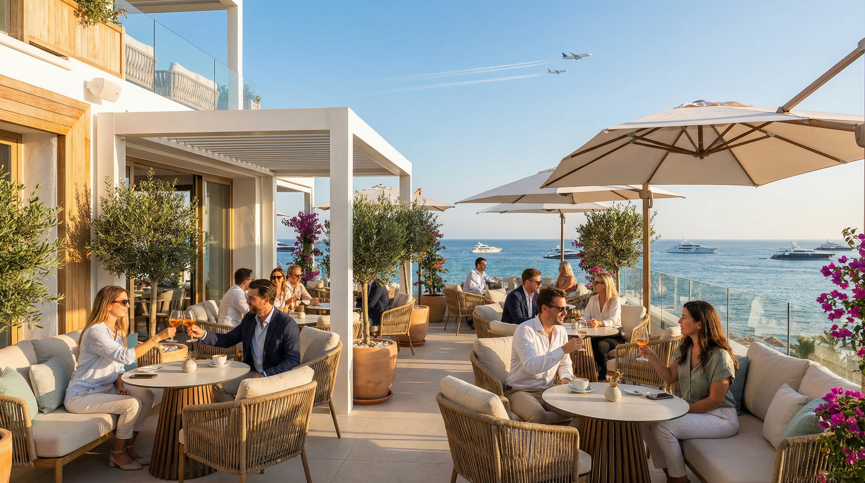 Vue panoramique d'un café moderne à Puerto Banús, Costa del Sol, avec des sièges élégants et la mer Méditerranée en arrière-plan, sous un ciel bleu.