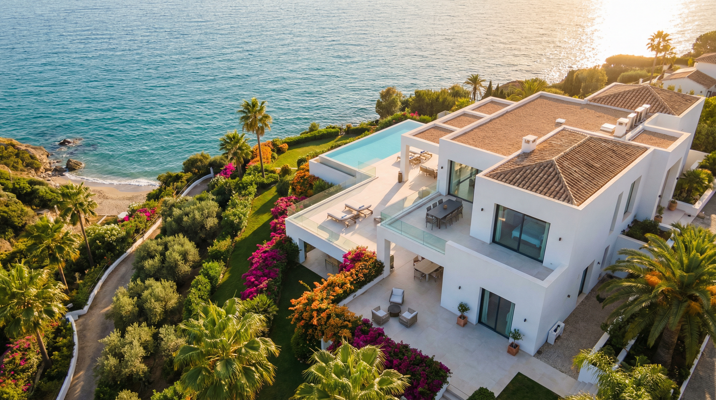 Légi felvétel egy luxus Costa del Sol-i ingatlanról, modern mediterrán építészettel, tágas terasszal és gyönyörű kertekkel.