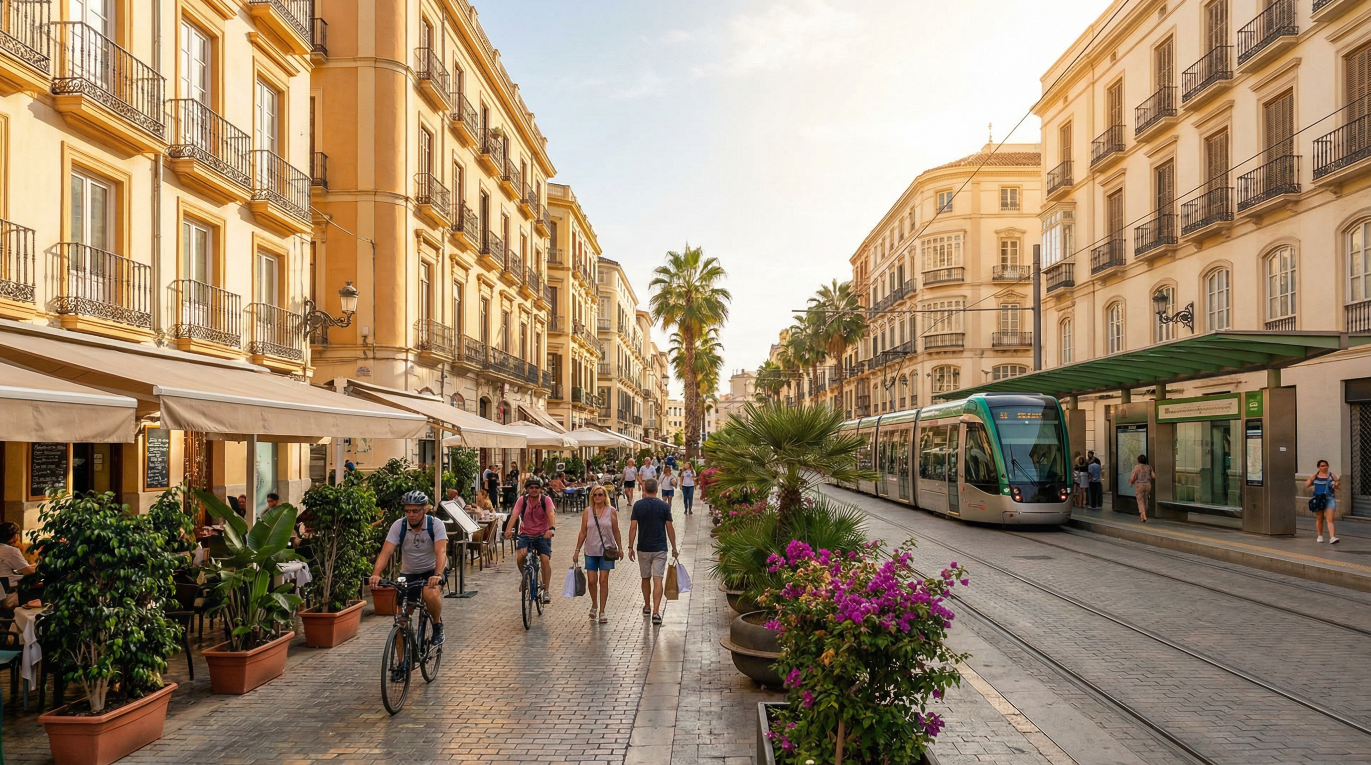 Vibrant street scene in Málaga Centro showcasing a pedestrian-friendly environment with cafes, green spaces, and people enjoying car-free living.