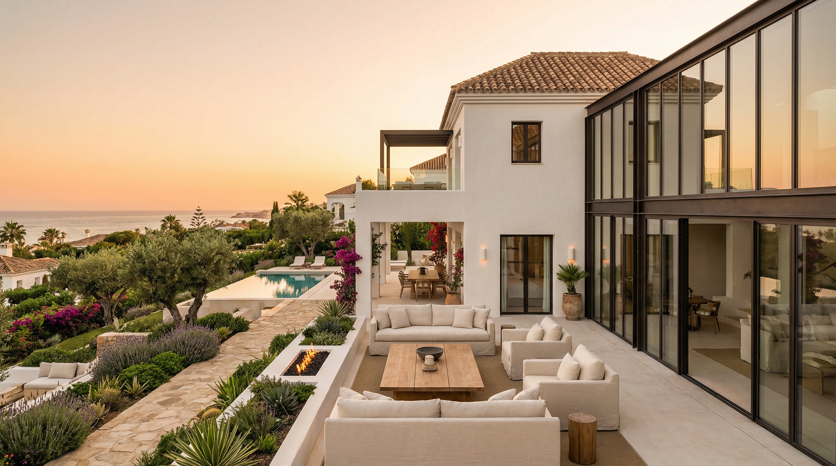 Moderne mediterrane Villa an der Costa del Sol mit andalusischer Architektur, eleganter Fassade und traumhaftem Garten in der Abenddämmerung.