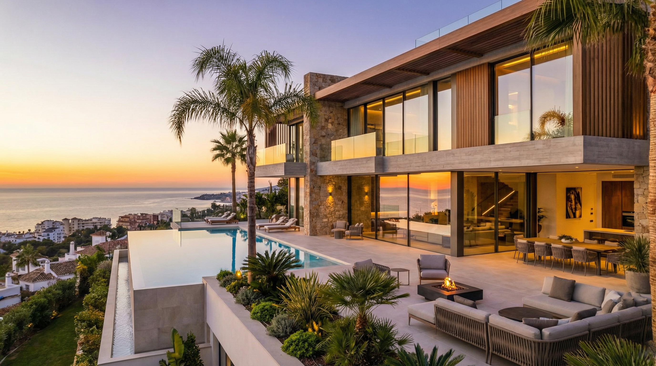 Upean auringonlaskun näkymä luksusbrändätystä asunnosta Costa del Solissa, moderni arkkitehtuuri, infinity-uima-allas ja Välimeren maisema.