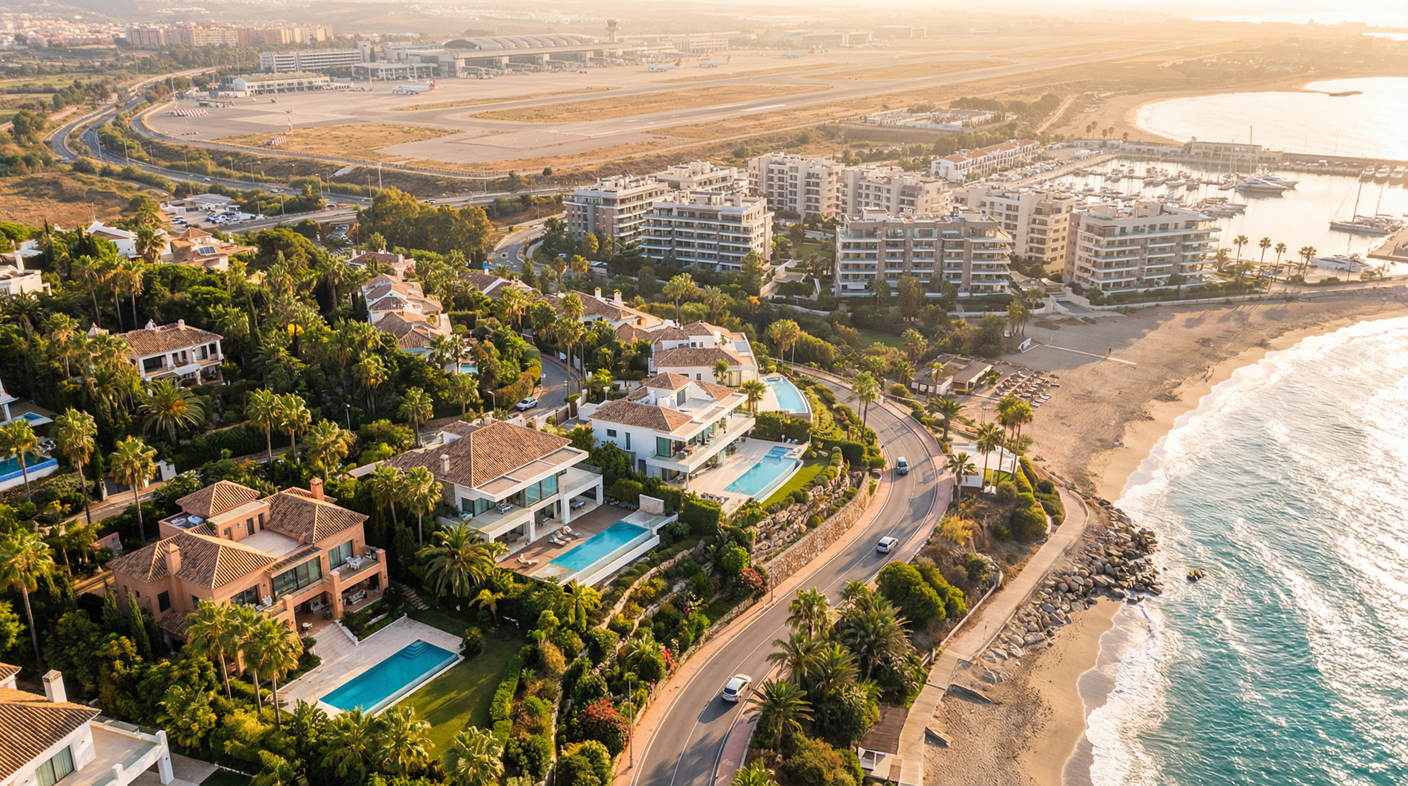 Vue aérienne impressionnante de la Costa del Sol avec des villas luxueuses près de l'aéroport de Málaga, illuminée par une lumière dorée.