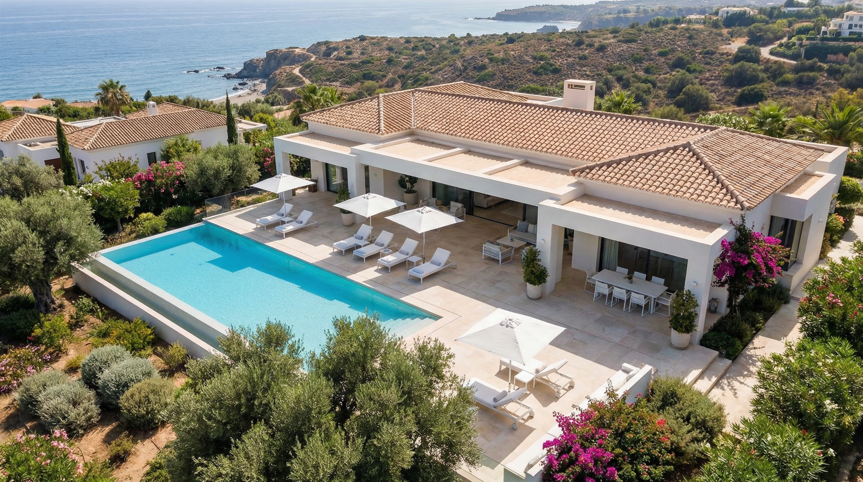 Vue aérienne d'une villa moderne sur la Costa del Sol, avec piscine à débordement et terrasse élégante entourée de verdure luxuriante.