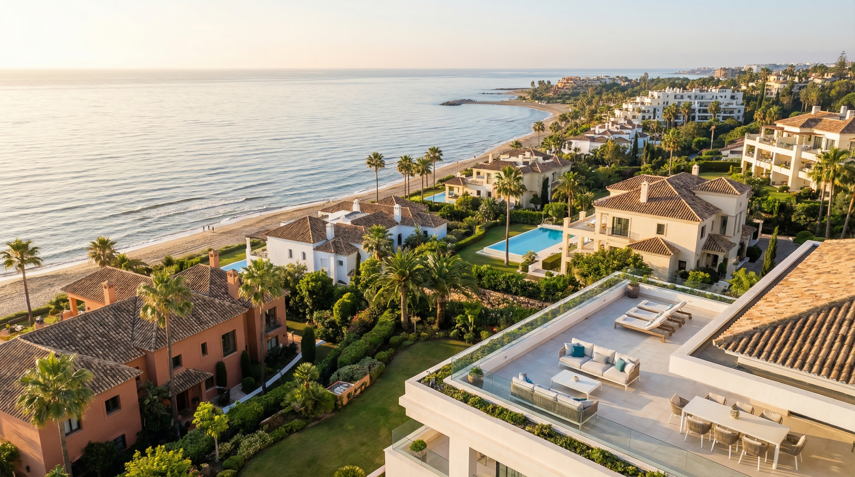 Aerial view of the Costa del Sol coastline in Spain, showcasing luxurious beachfront properties surrounded by palm trees and the Mediterranean Sea.