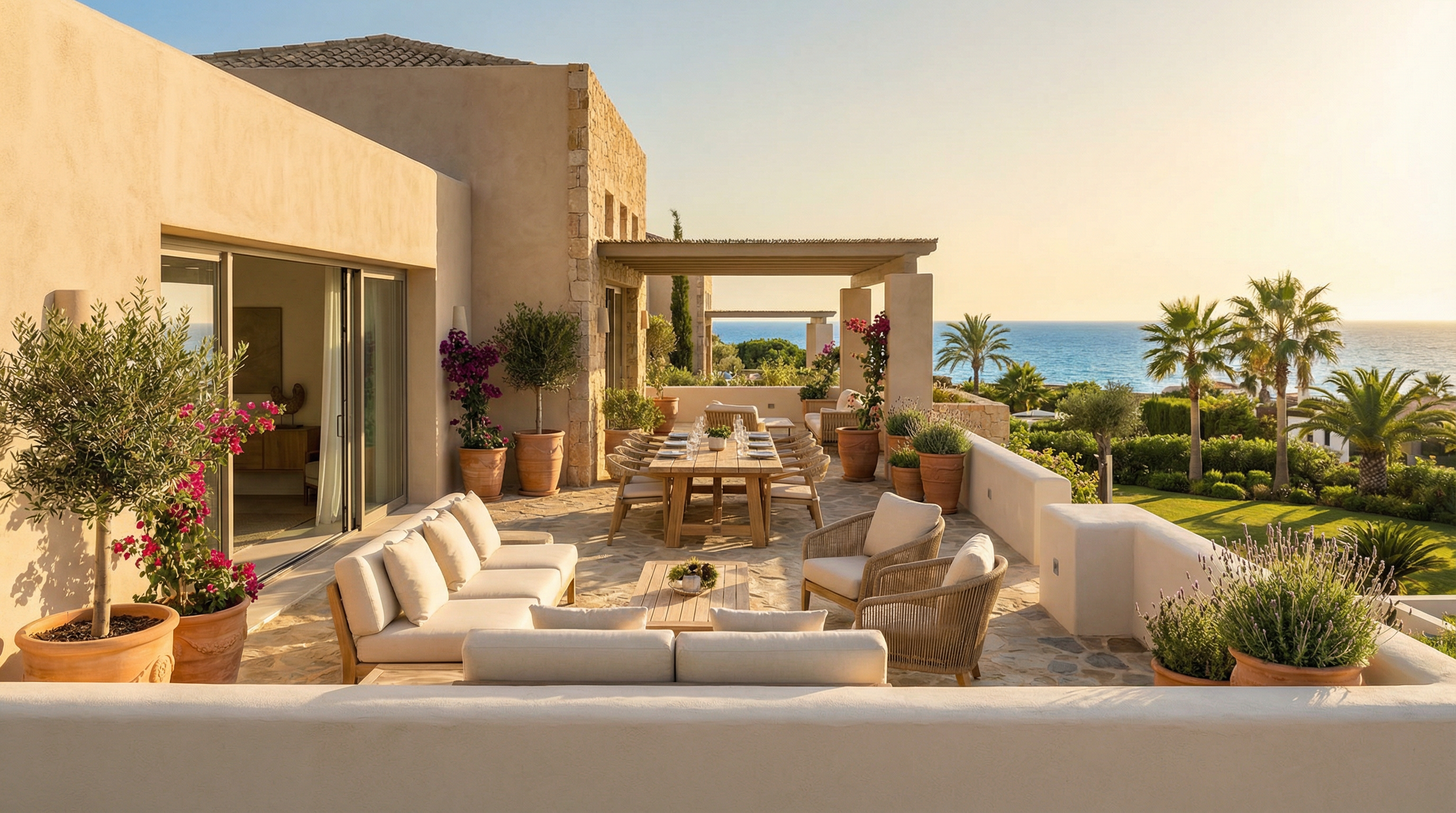 A stunning villa terrace in Costa del Sol with elegant furniture and a view of the Mediterranean Sea, showcasing luxury living.