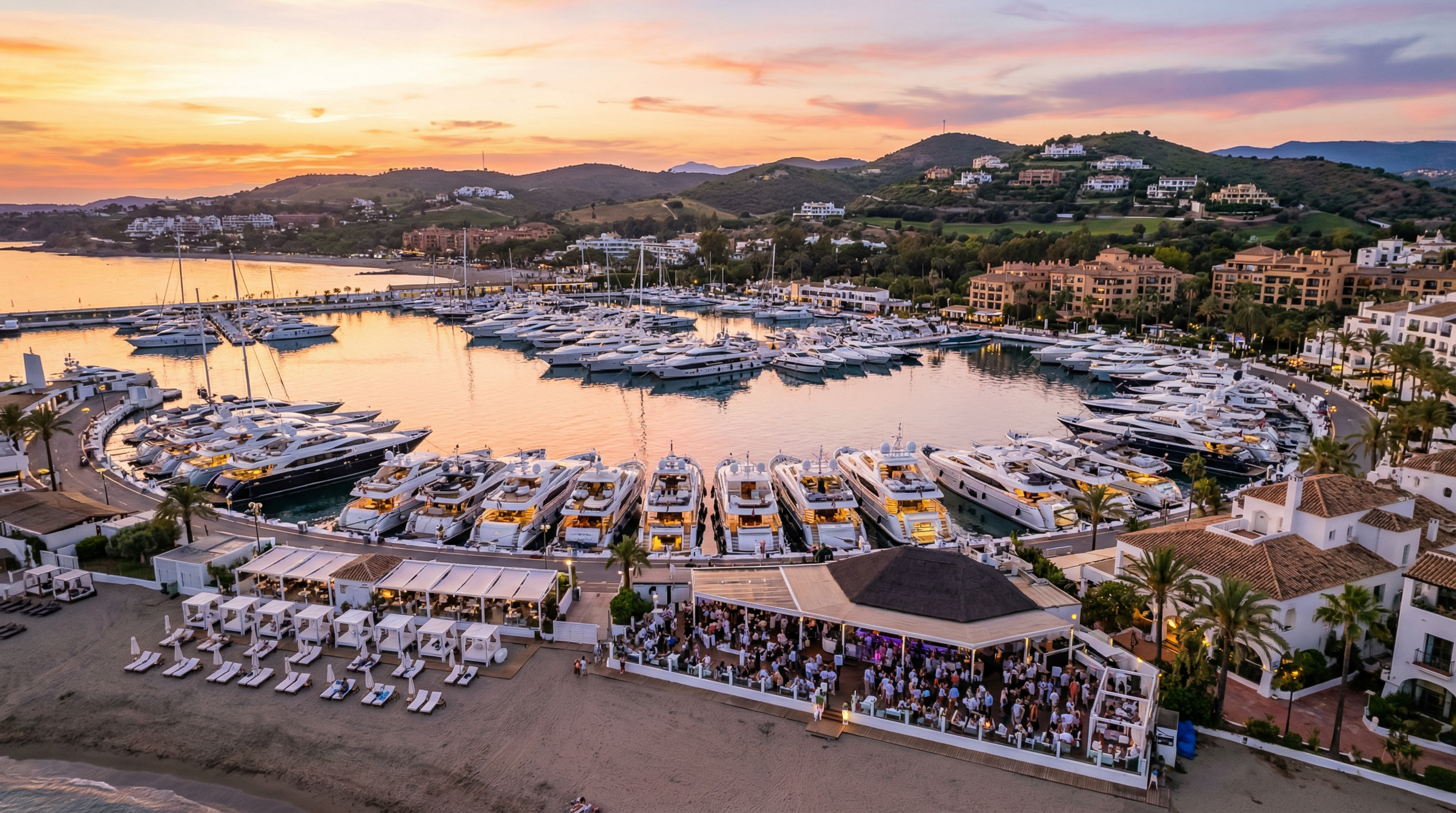 Aerial view of Puerto Banús marina at sunset, featuring luxury yachts, beach clubs, and Marbella's hills, reflecting the Mediterranean lifestyle.