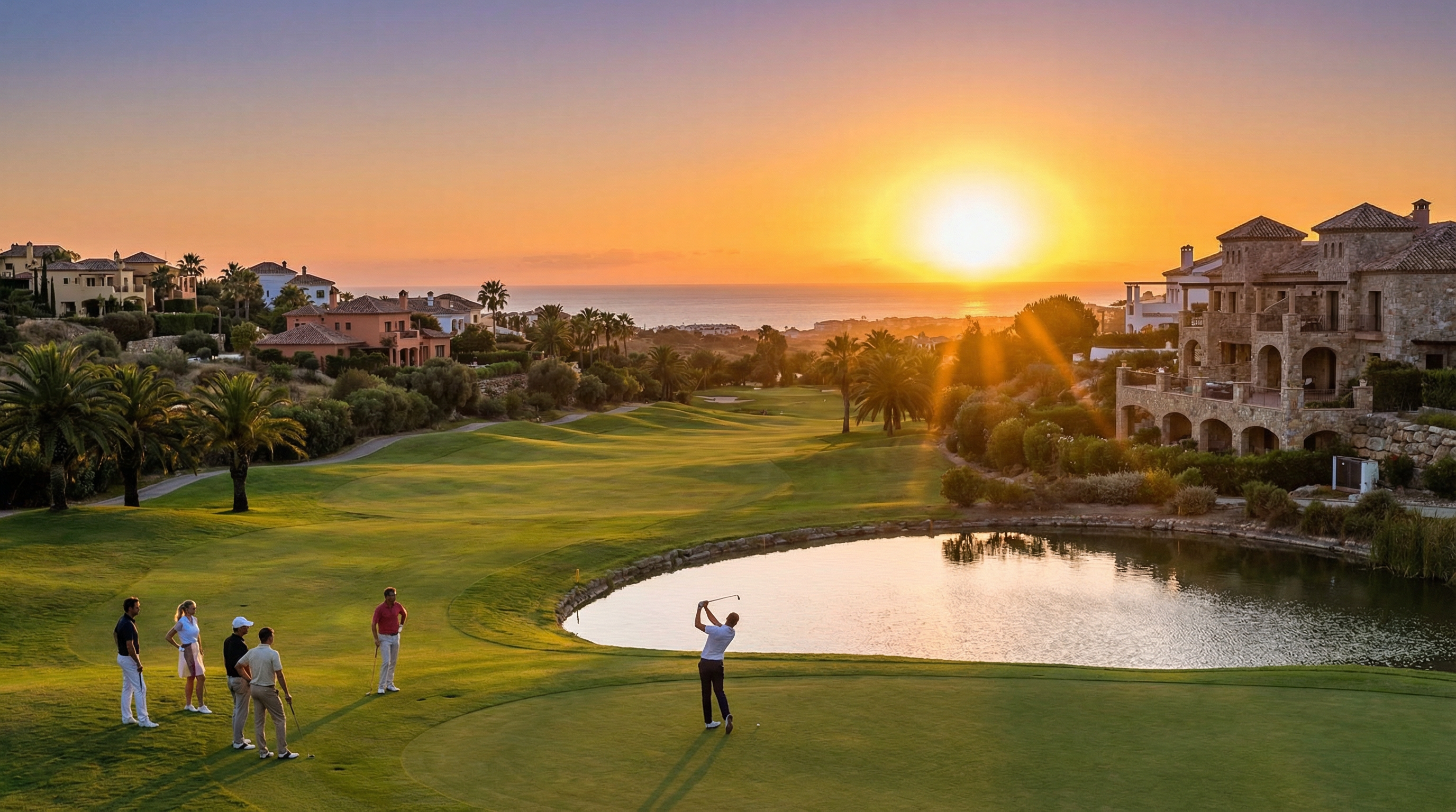 Upea auringonlasku Costa del Solin golfkentällä, jossa elegantit golfaajat nauttivat pelistä. Taustalla ylellisiä huviloita ja Välimeren arkkitehtuuria.