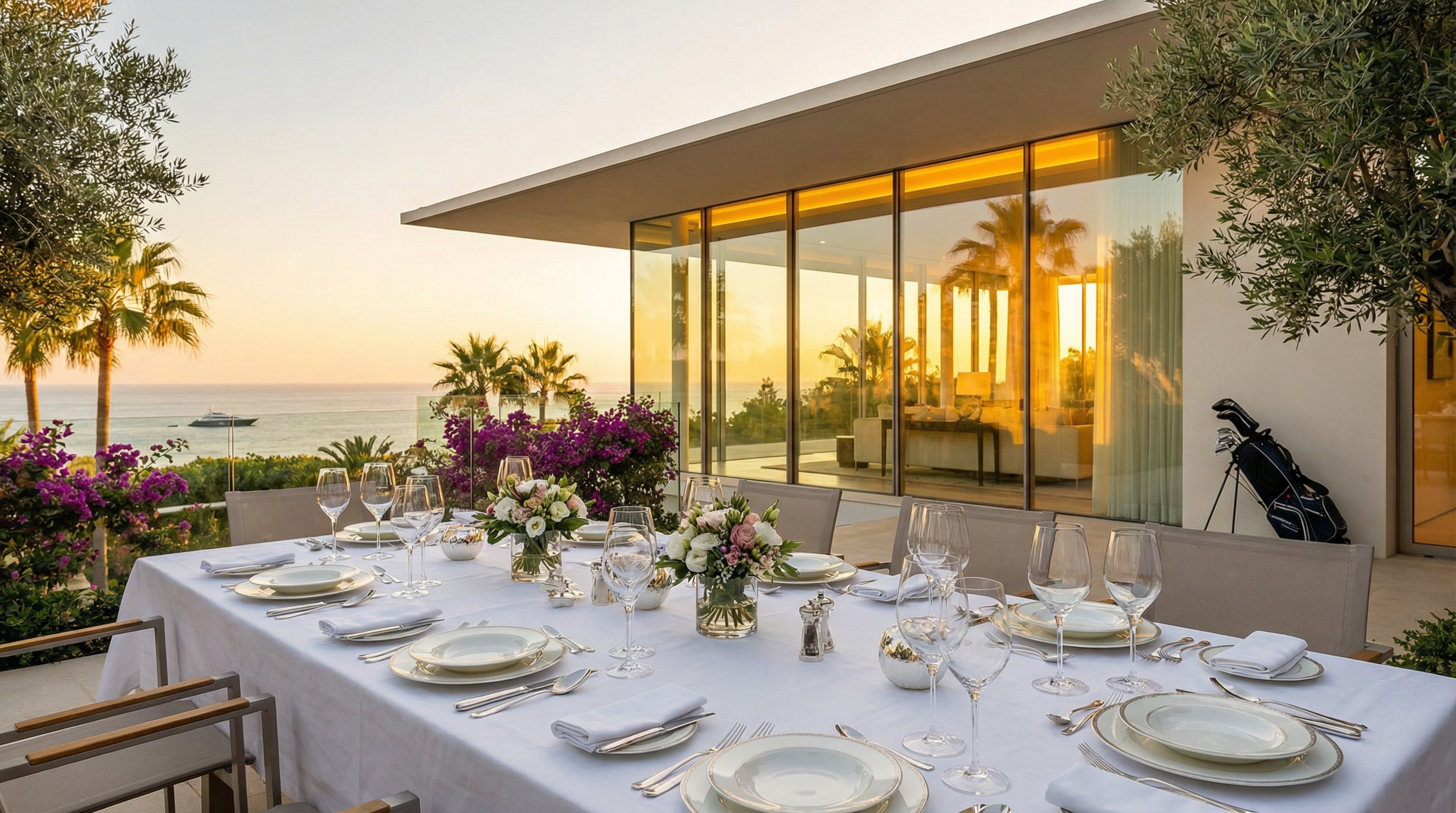 Ylellinen ulkoravintola Costa del Solissa, upea merinäköala ja moderni villa, täydellinen hetki auringonlaskuun.