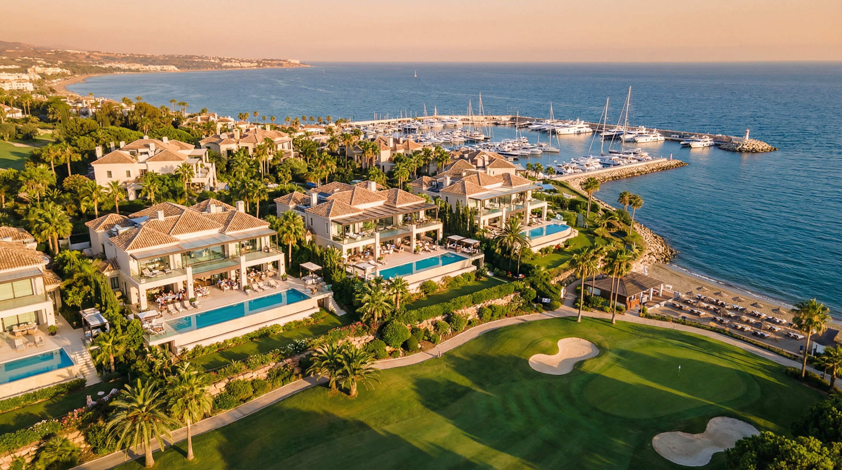Luftfoto av en luksuriøs eiendom på Costa del Sol med moderne arkitektur, golfbane og marina i bakgrunnen, perfekt for en avslappende ferie.