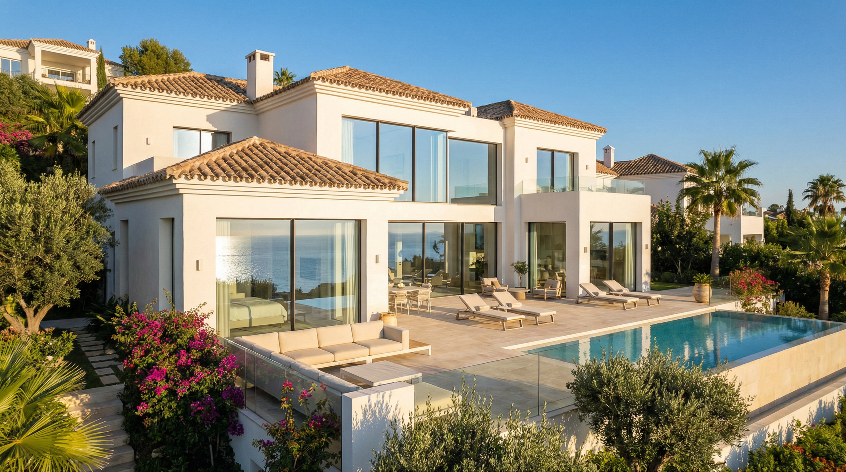 En modern villa i Costa del Sol med vit puts, terrakottatak och stora glasfönster, omgiven av Medelhavet och grönska.