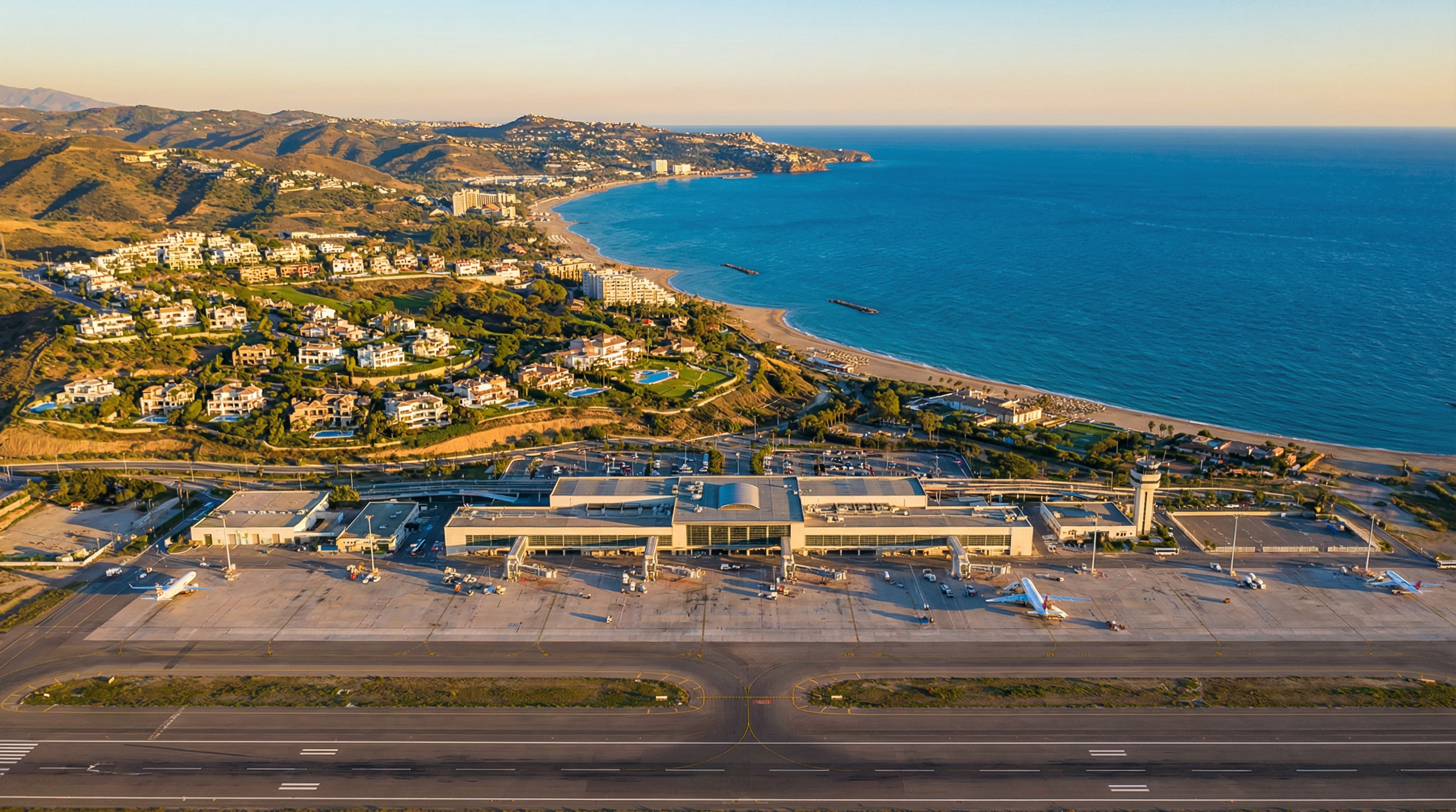 Luchtfoto van Luchthaven Málaga met moderne architectuur en uitgestrekte landingsbaan, omgeven door de Costa del Sol kustlijn en luxe villa's.