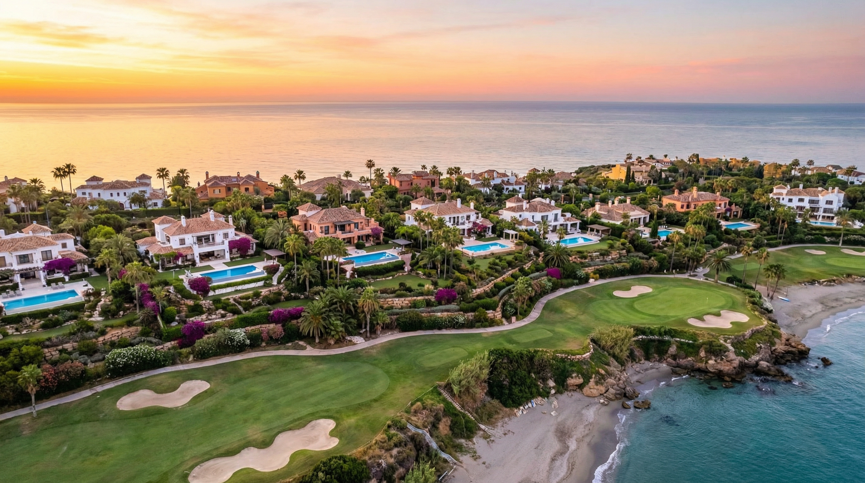 Adembenemend uitzicht op de Costa del Sol bij zonsopgang met luxe villa's en een golfbaan, omgeven door tropische tuinen.