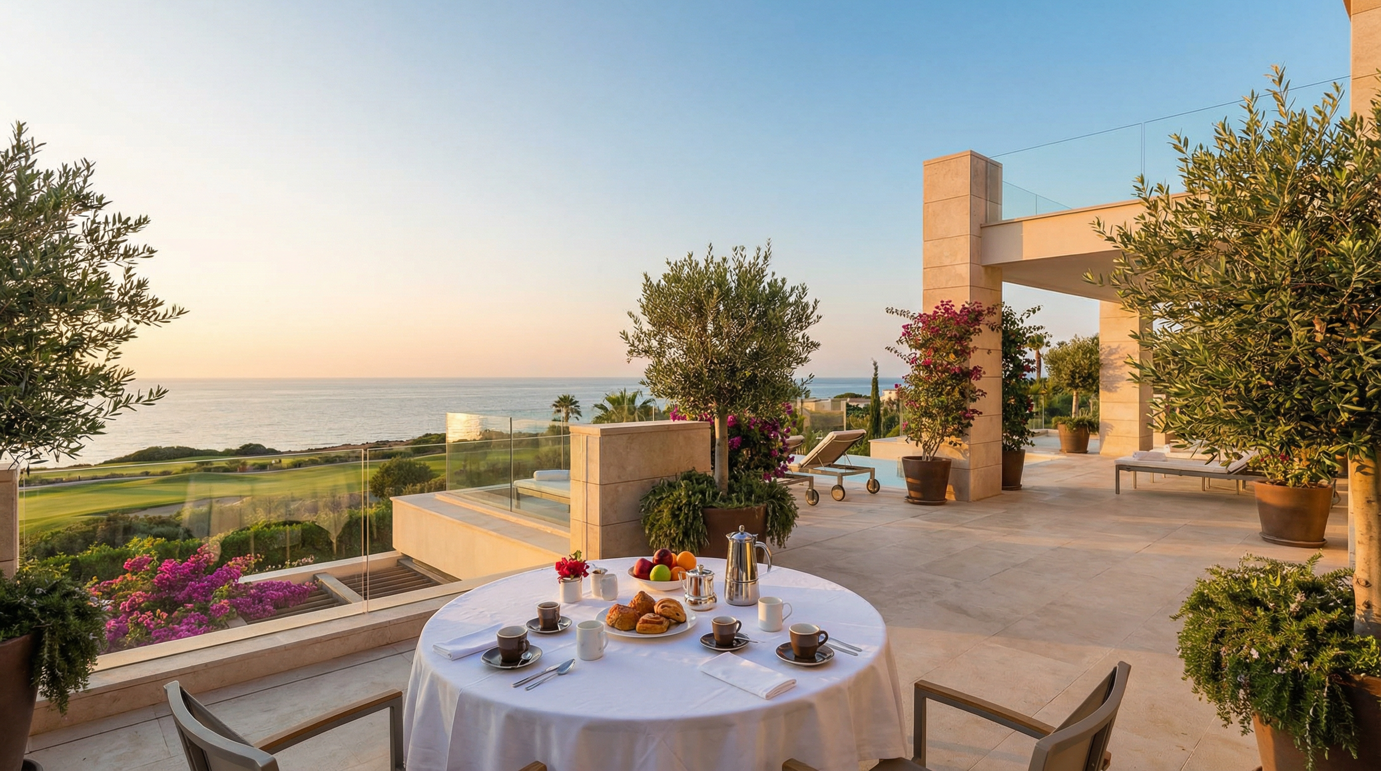 En luksuriøs terrasse med utsikt over Middelhavet ved soloppgang, med frokostbord, espresso og bakverk, omgitt av frodig grønt og moderne arkitektur, nær en golfbane på Costa del Sol.
