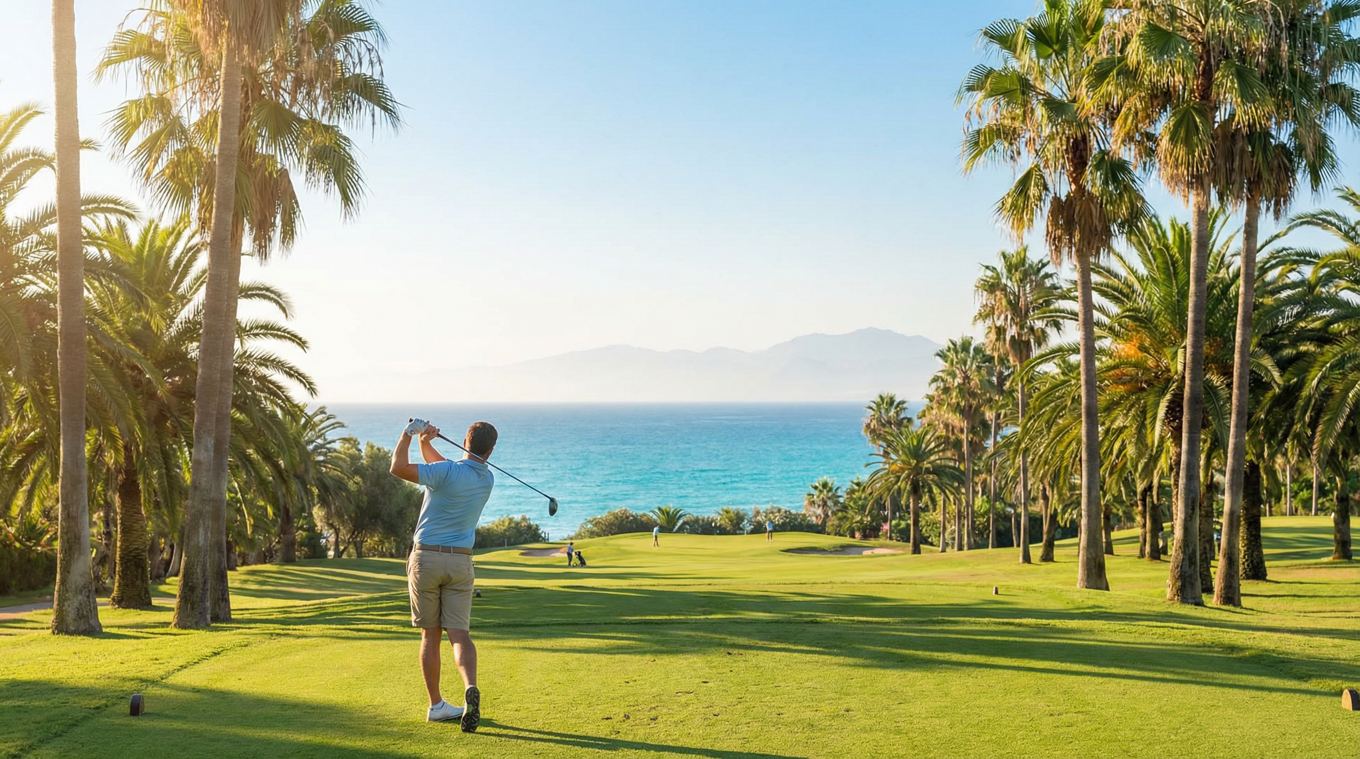 En solfylt golfbane i Costa del Sol med frodige fairways og palmer, en golfer svinger under en klar blå himmel, med Middelhavet i bakgrunnen.