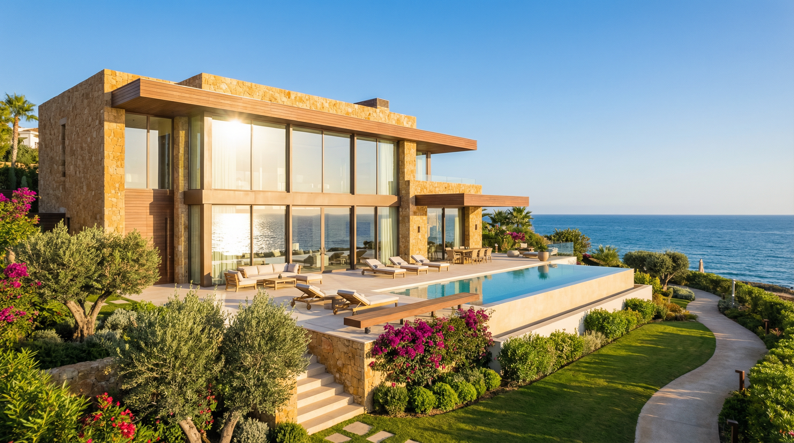 En moderne luksusvilla i Costa del Sol med store glasvinduer, smuk have og havudsigt, der afspejler den elegante livsstil i området.