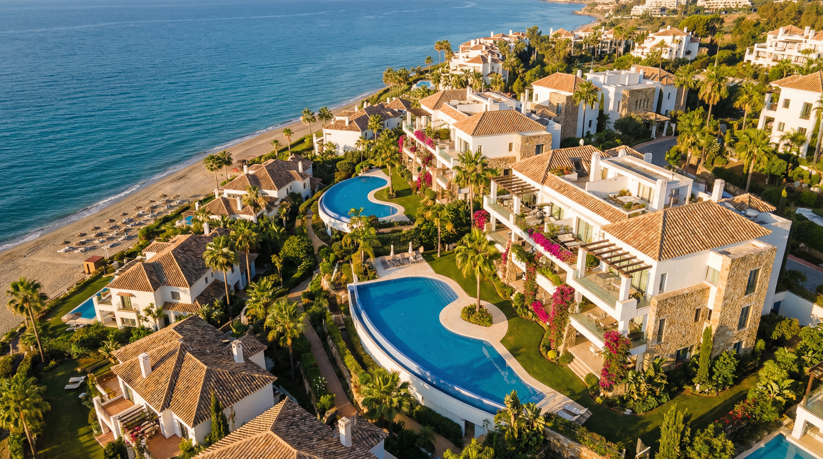 Luftaufnahme eines luxuriösen Wohnkomplexes an der Costa del Sol mit mediterraner Architektur, dem blauen Meer und goldenen Stränden.
