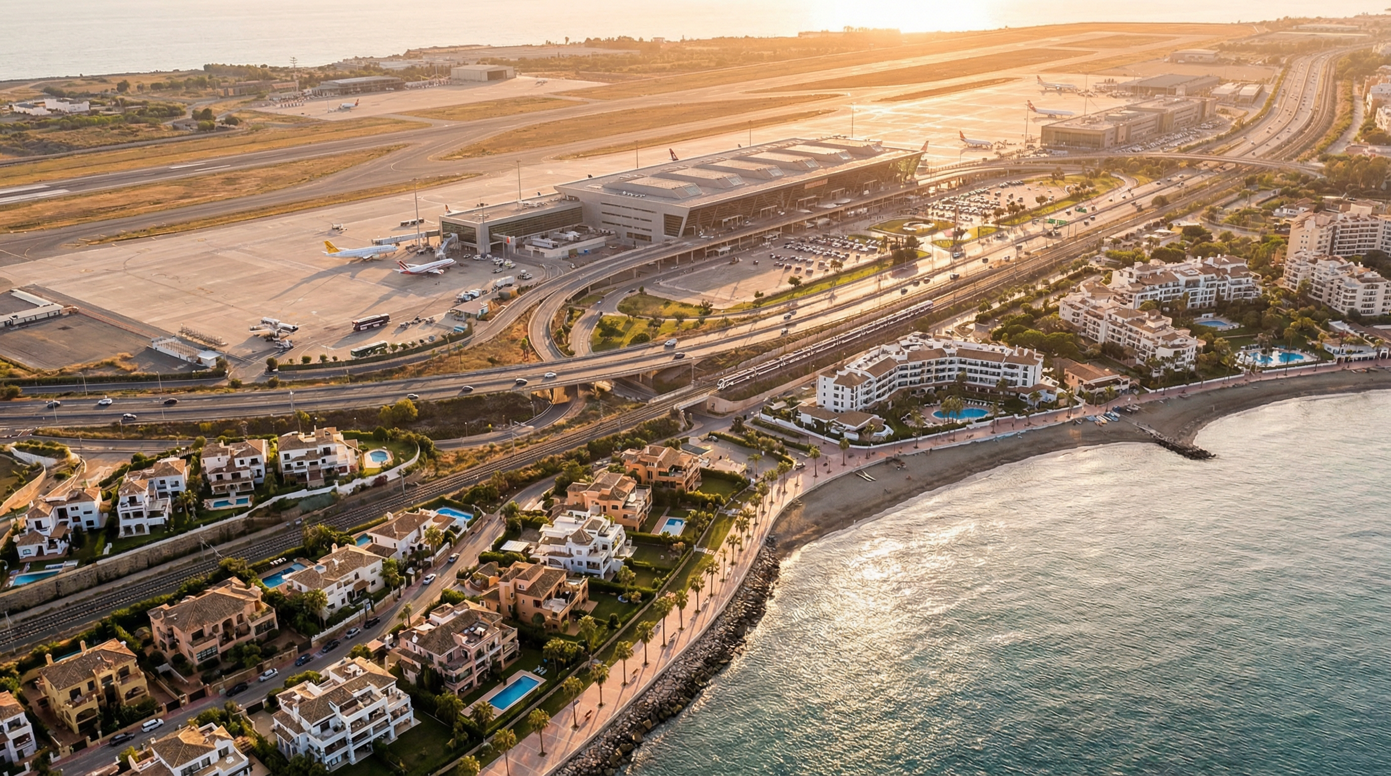 Luftaufnahme des modernen Flughafens Málaga mit Blick auf die Costa del Sol, Luxusimmobilien und die Küstenlandschaft im warmen Licht der goldenen Stunde.