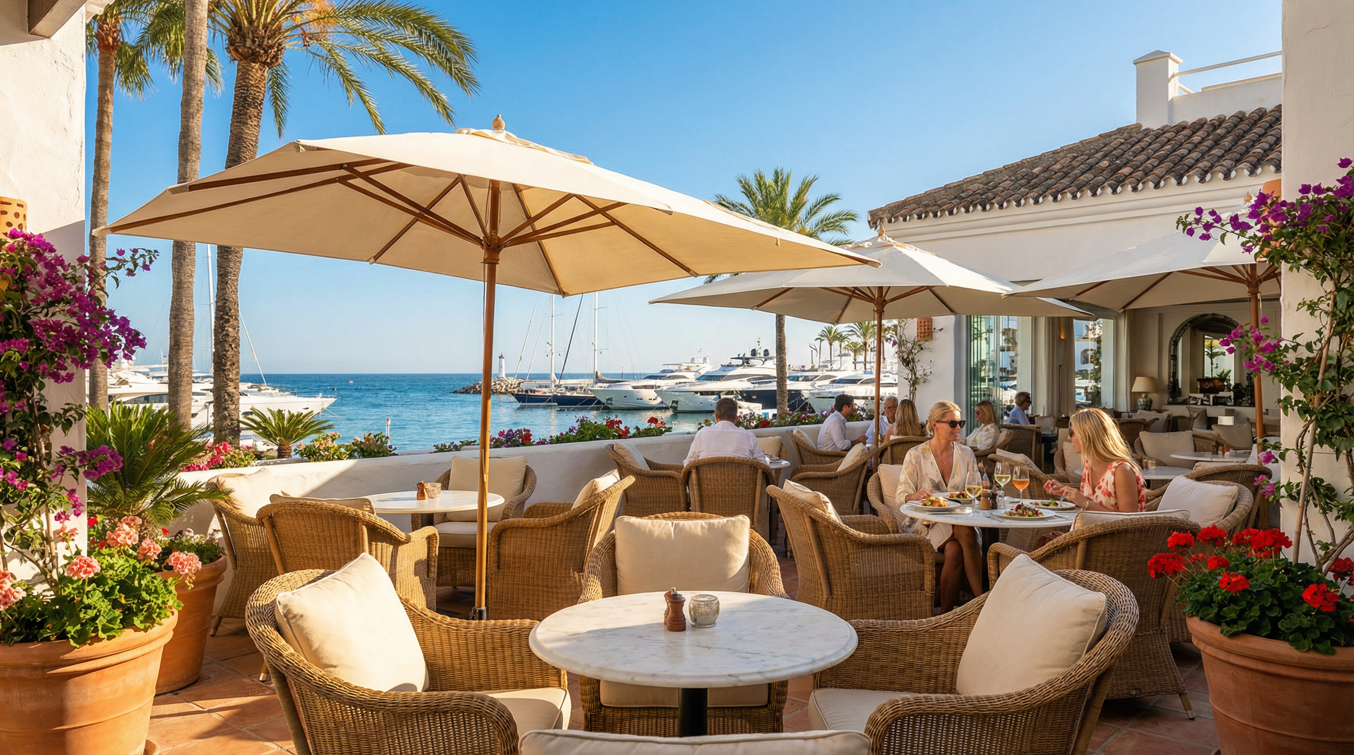 Luxurious beachfront café in Puerto Banús, Costa del Sol, featuring elegant outdoor seating, palm trees, and vibrant flowers with the Mediterranean Sea in the background.
