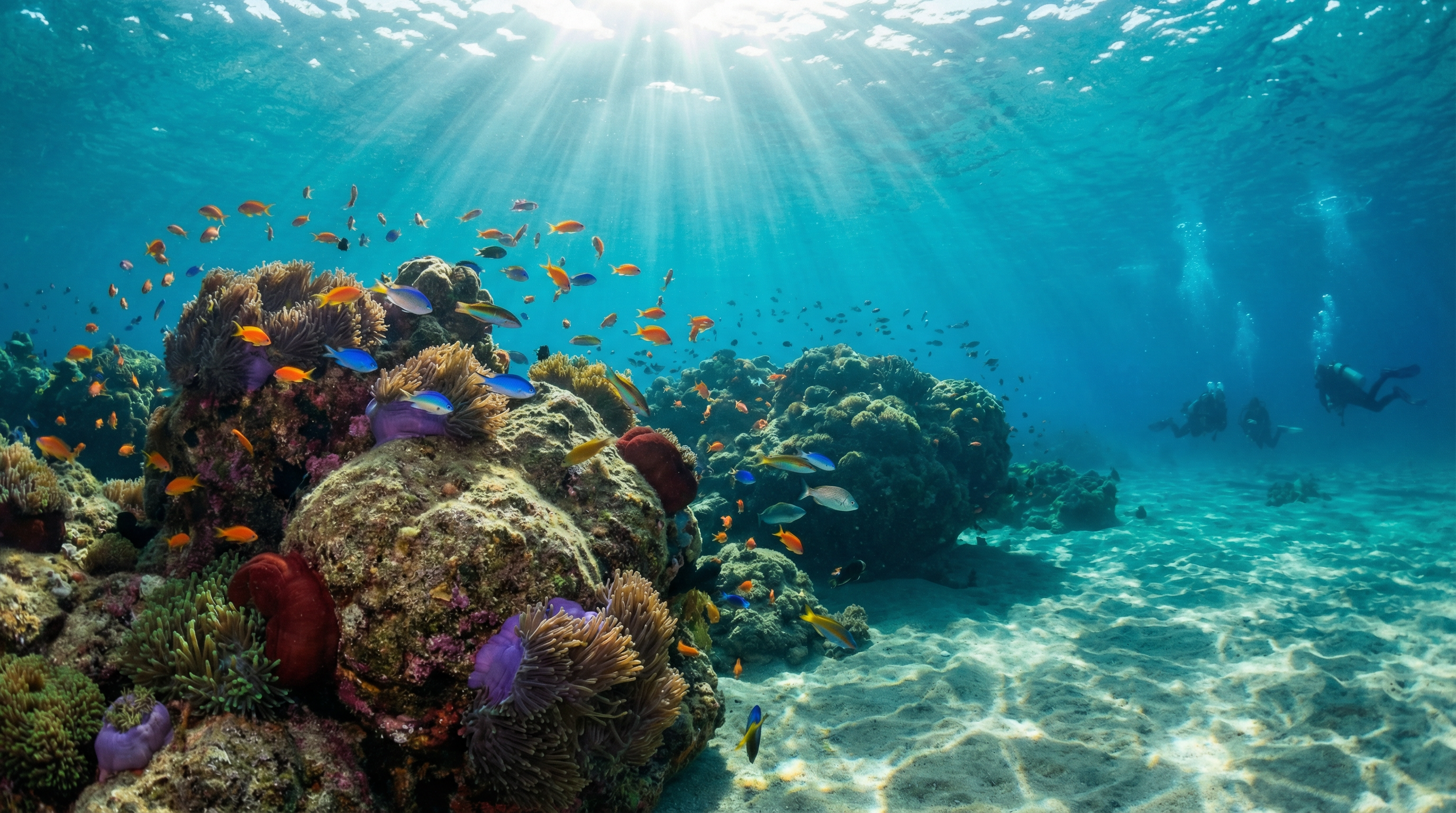 Vibrant marine life of Costa del Sol, featuring colorful fish around rocky reefs with sea anemones and corals, illuminated by sunlight.