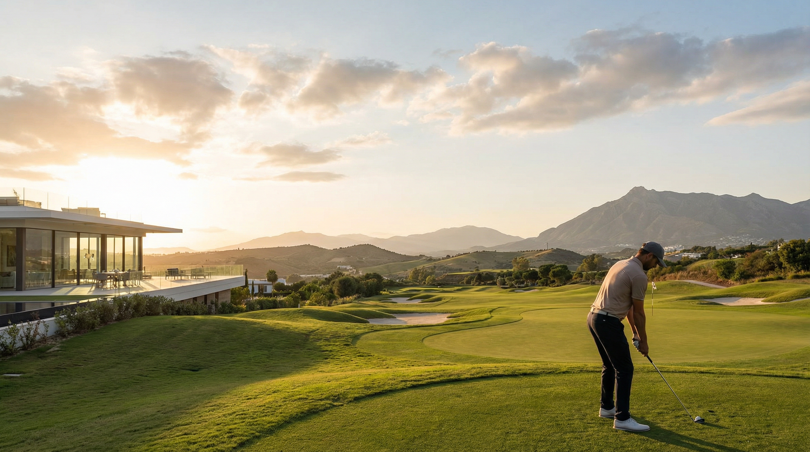Prachtig panoramisch uitzicht op een golfbaan aan de Costa del Sol met groene fairways, bunkers en de Sierra Blanca op de achtergrond.