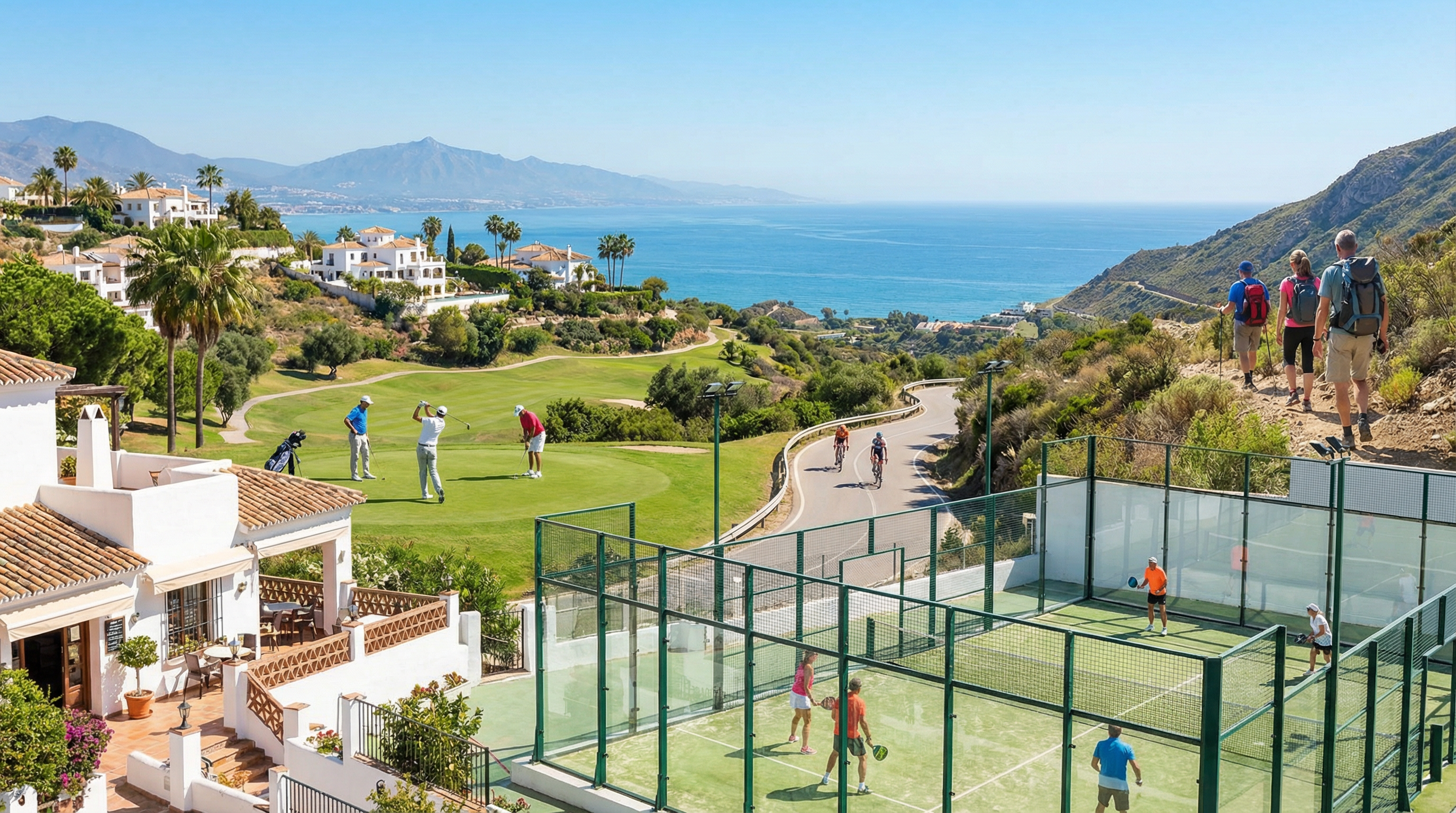 Lebhafte Szene an der Costa del Sol mit Menschen, die Golf spielen, wandern, Padel spielen und Rad fahren, umgeben von mediterraner Architektur und blauen Himmel.