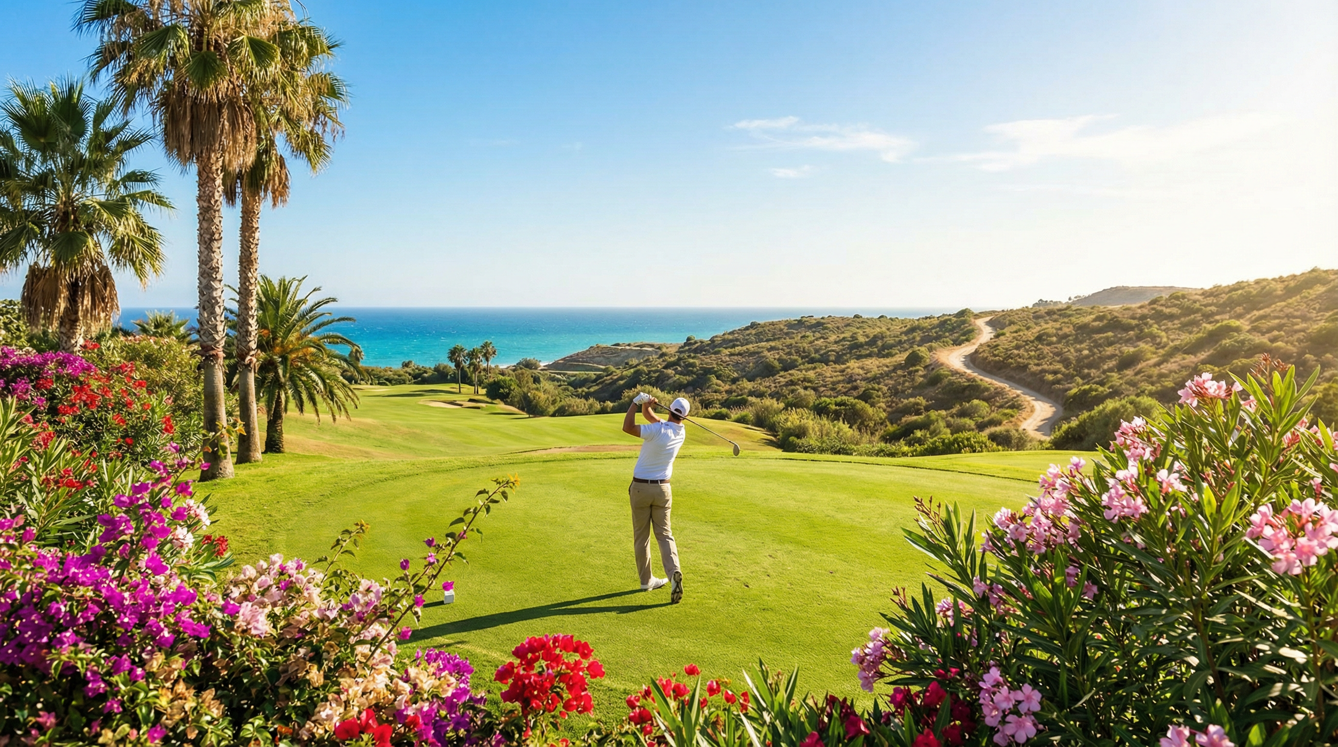 Golfer swingt op een zonovergoten golfbaan in Costa del Sol, omringd door groene fairways, bloemen, palmbomen en de Middellandse Zee.