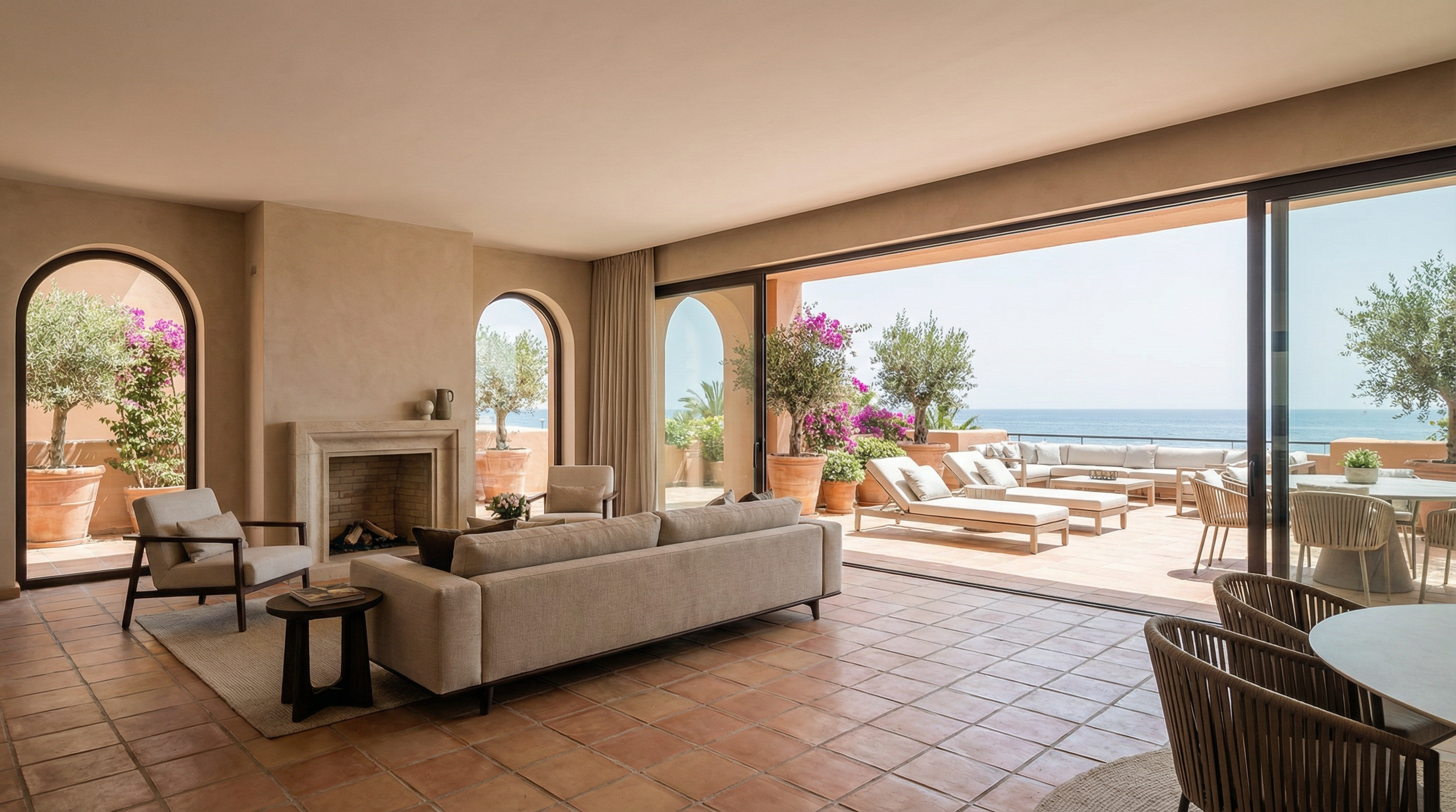 A luxurious beachfront property in Puerto Banús, Costa del Sol, showcasing Mediterranean and contemporary design with a spacious open-plan living area.