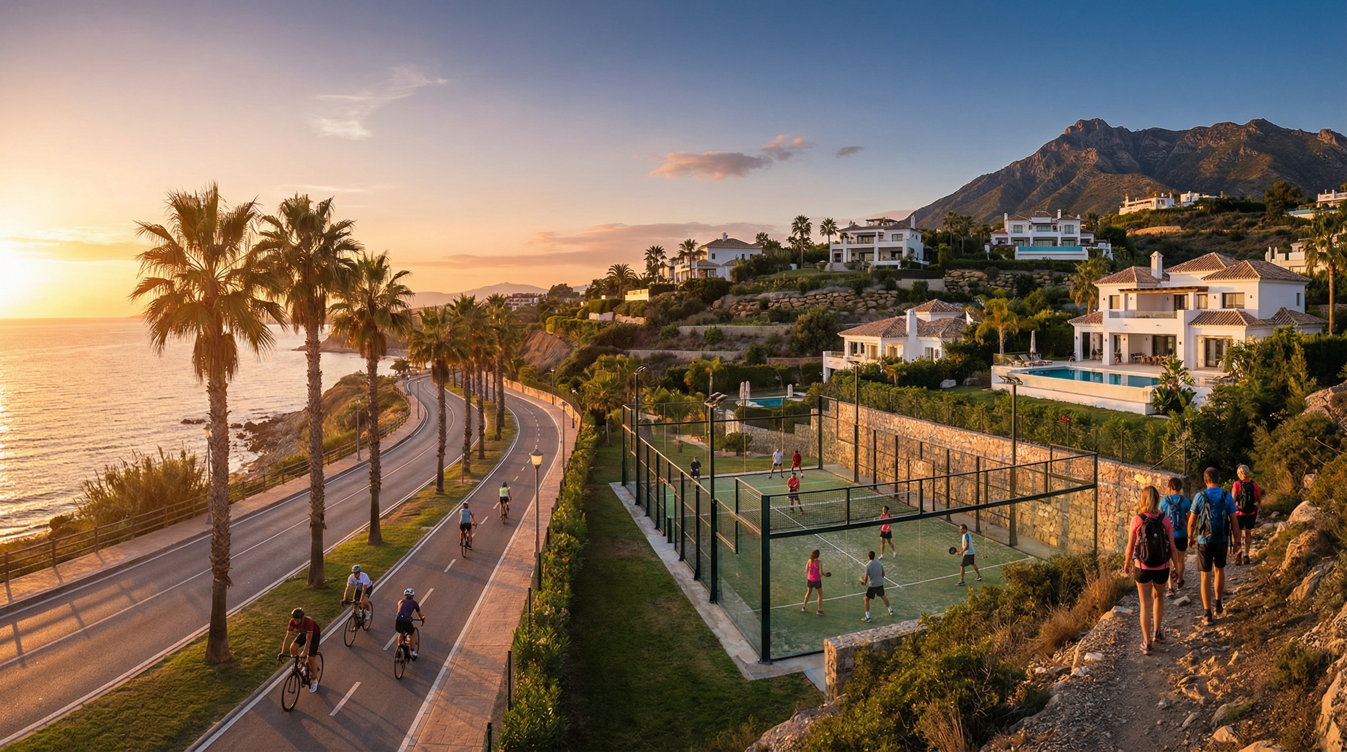Panoramic view of Costa del Sol coastline at sunset, showcasing active lifestyles with padel, cycling, and hiking amidst luxury villas.