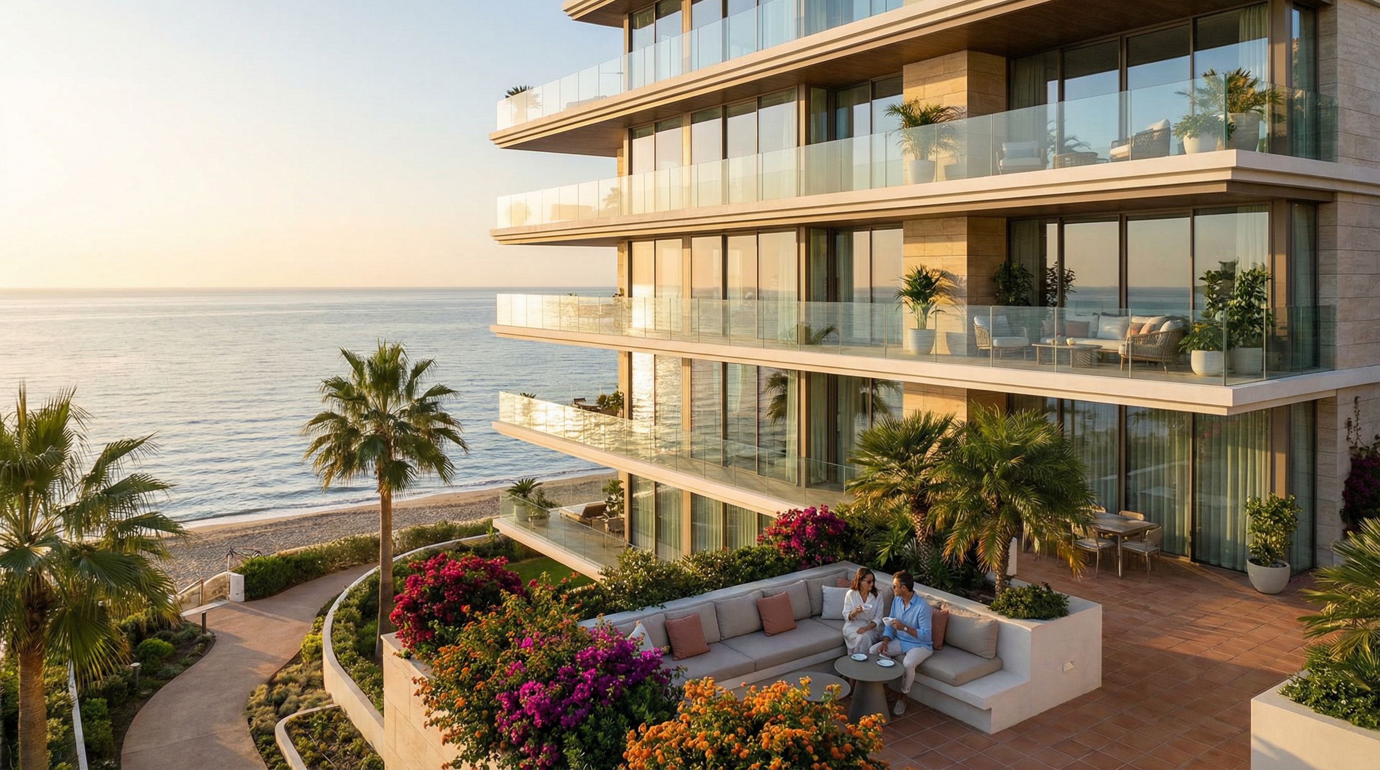 Vue côtière d'un bâtiment d'appartements de luxe moderne à Marbella, avec balcons spacieux et vue sur la mer Méditerranée, illuminé par la lumière dorée du soleil couchant.