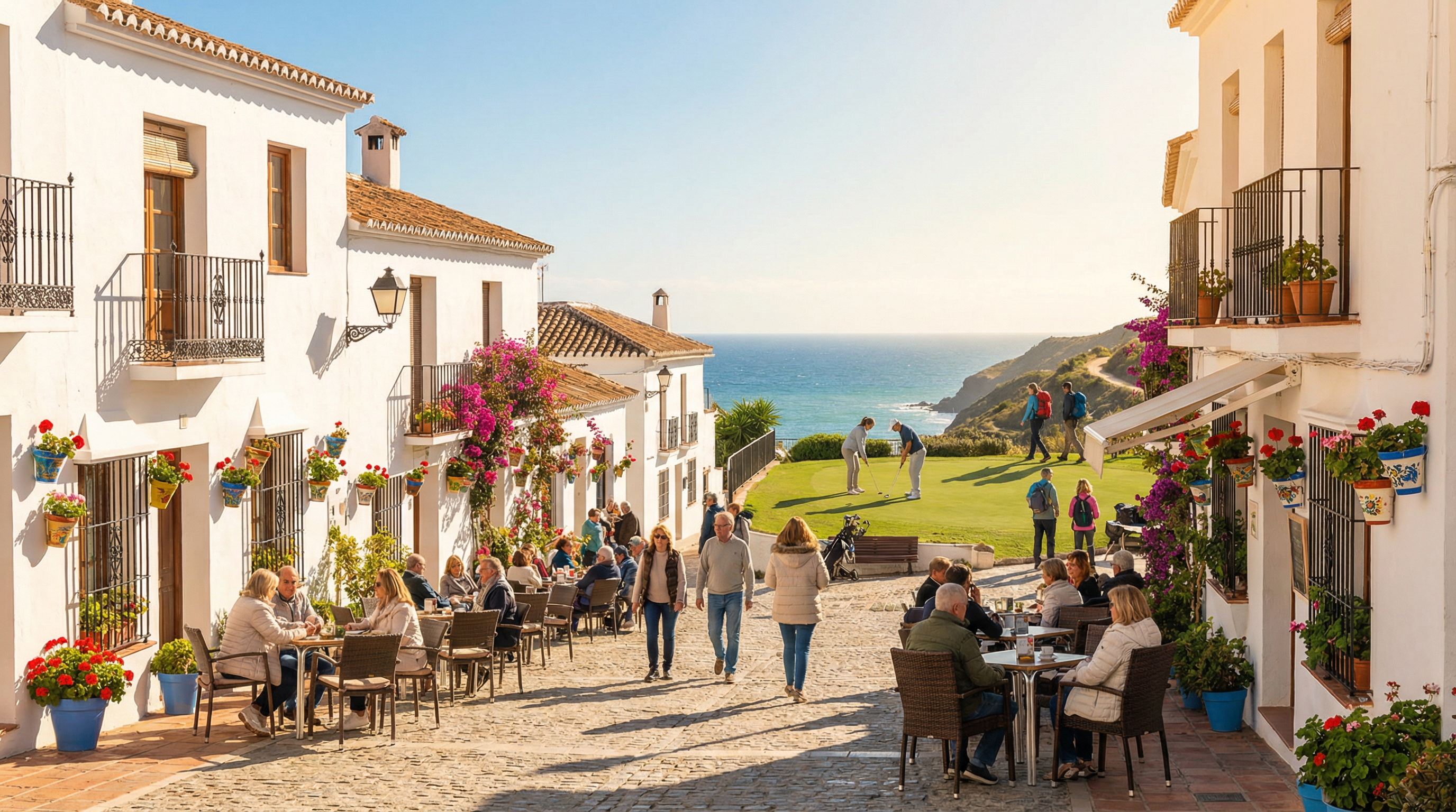 Coastal view of Costa del Sol in winter with vibrant village plaza, Mediterranean architecture, and people enjoying outdoor activities.