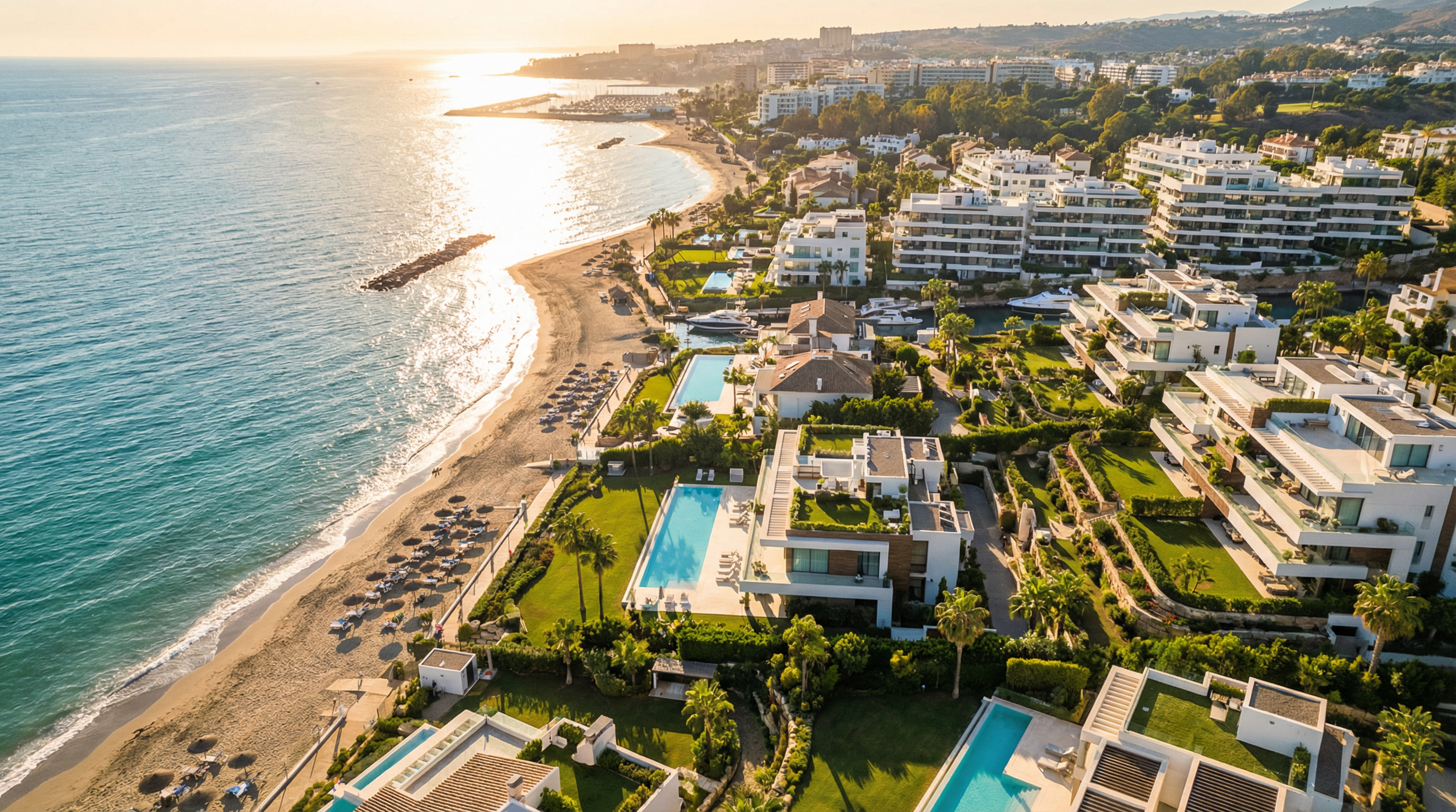 Aerial view of Costa del Sol coastline featuring luxurious properties in Marbella, Estepona, and Fuengirola with infinity pools and gardens.