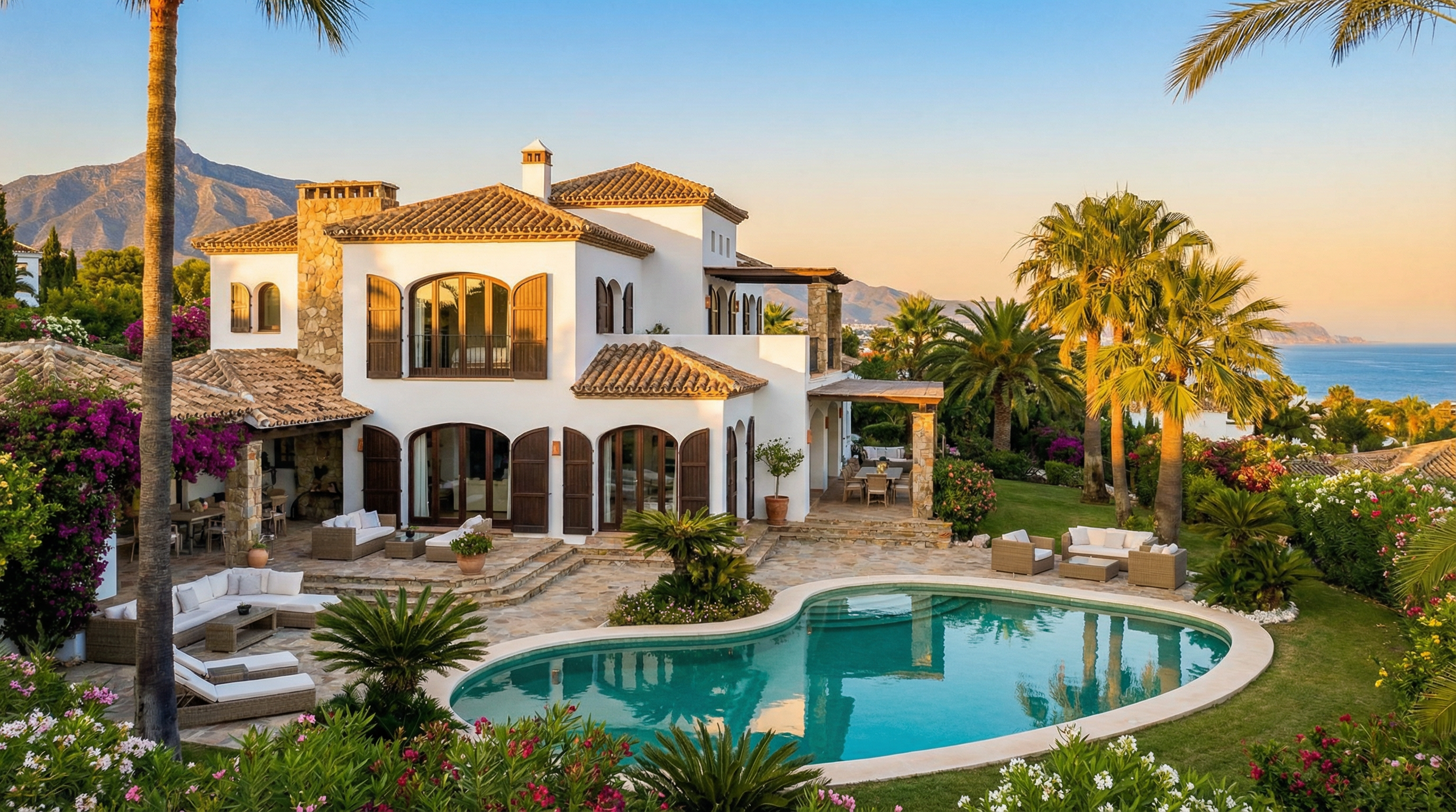 Stunning luxury family villa in Costa del Sol featuring Mediterranean architecture, lush gardens, and a private pool with sea views.