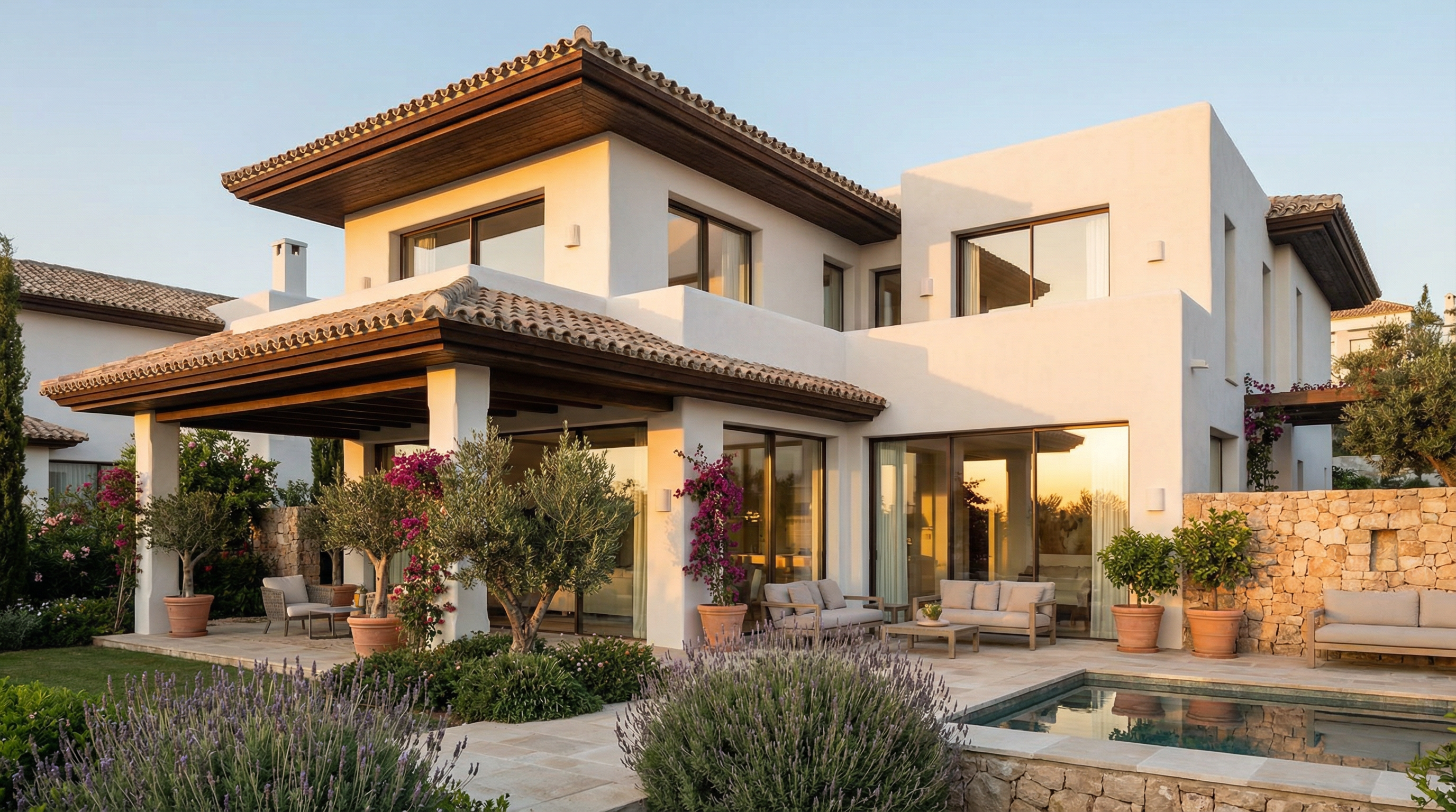 Modern villa i Costa del Sol med medelhavskaraktär och samtida design, omgiven av vackra medelhavsväxter och belyst av gyllene timmen.