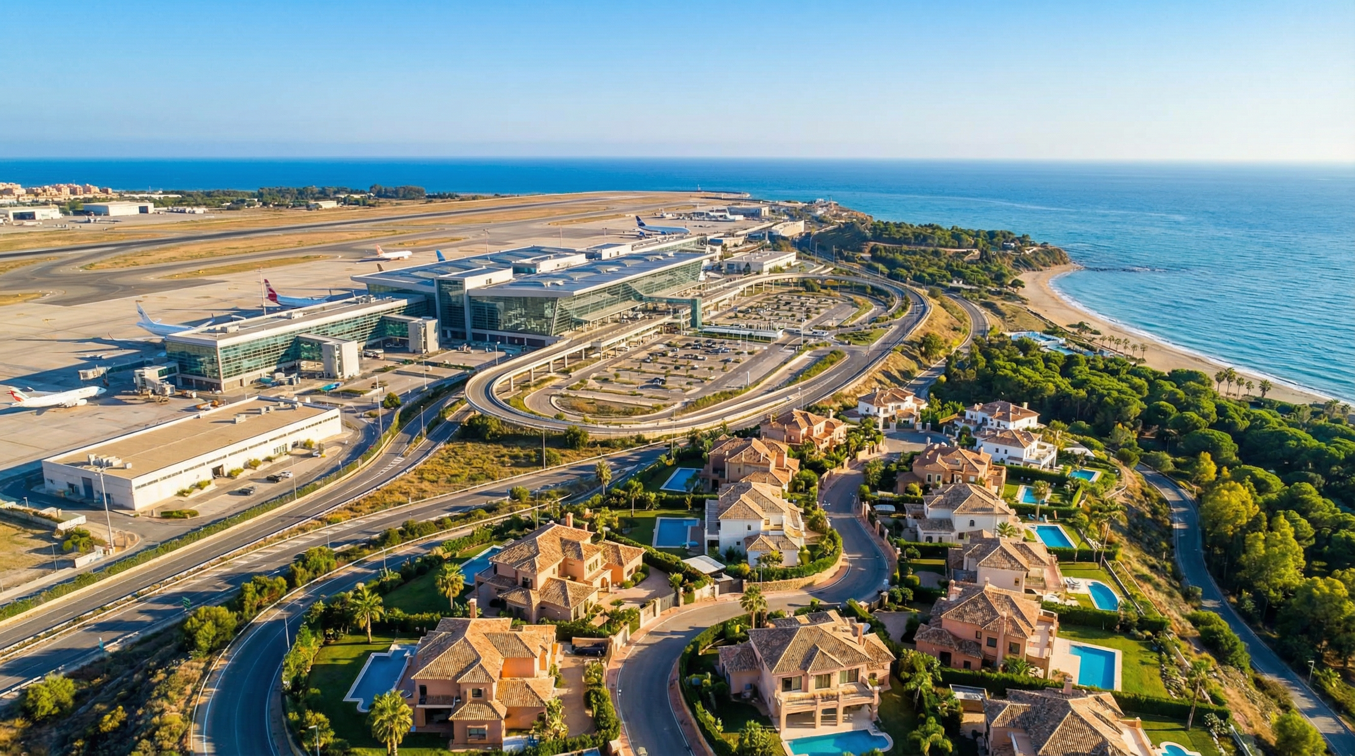Luftfoto av Málaga Lufthavn med moderne terminaloppgraderinger og luksuriøse boliger i Costa del Sol, omgitt av frodig middelhavsnatur.