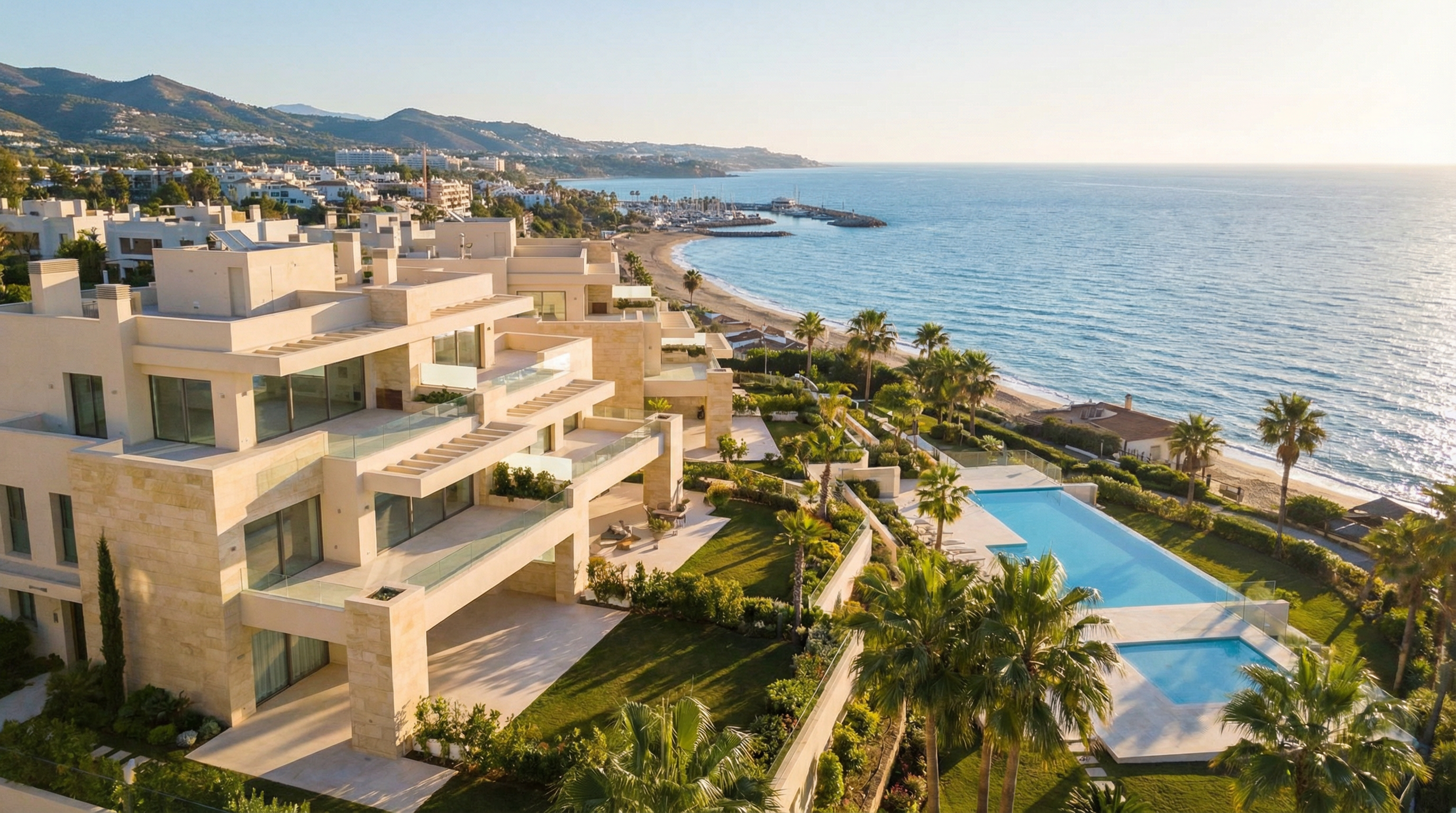 Vue aérienne d'un complexe d'appartements de luxe à Marbella sur la Costa del Sol, mettant en valeur l'architecture moderne et la mer Méditerranée.