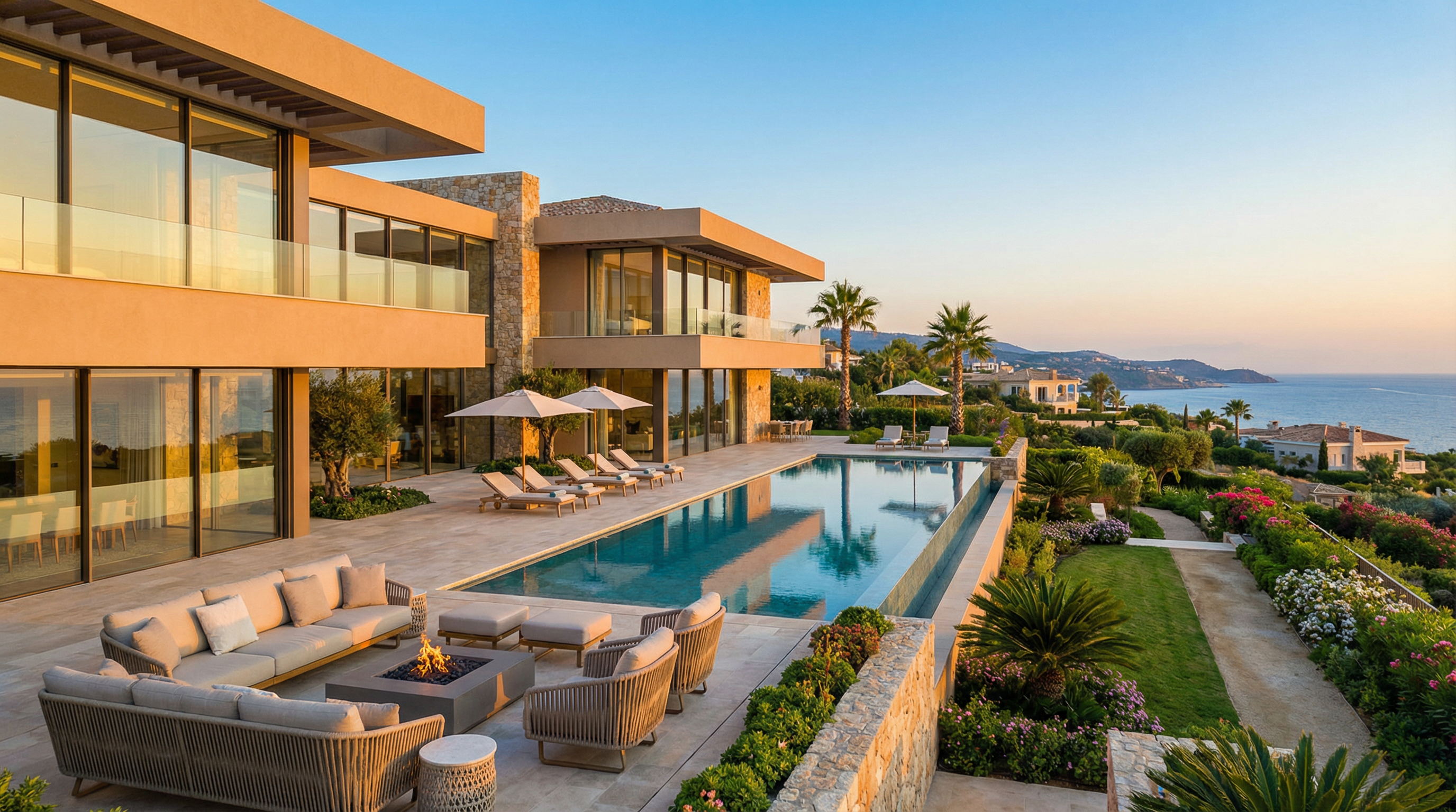 Vue panoramique d'une résidence de luxe sur la Costa del Sol, avec architecture méditerranéenne moderne, piscine à débordement et jardins soignés.