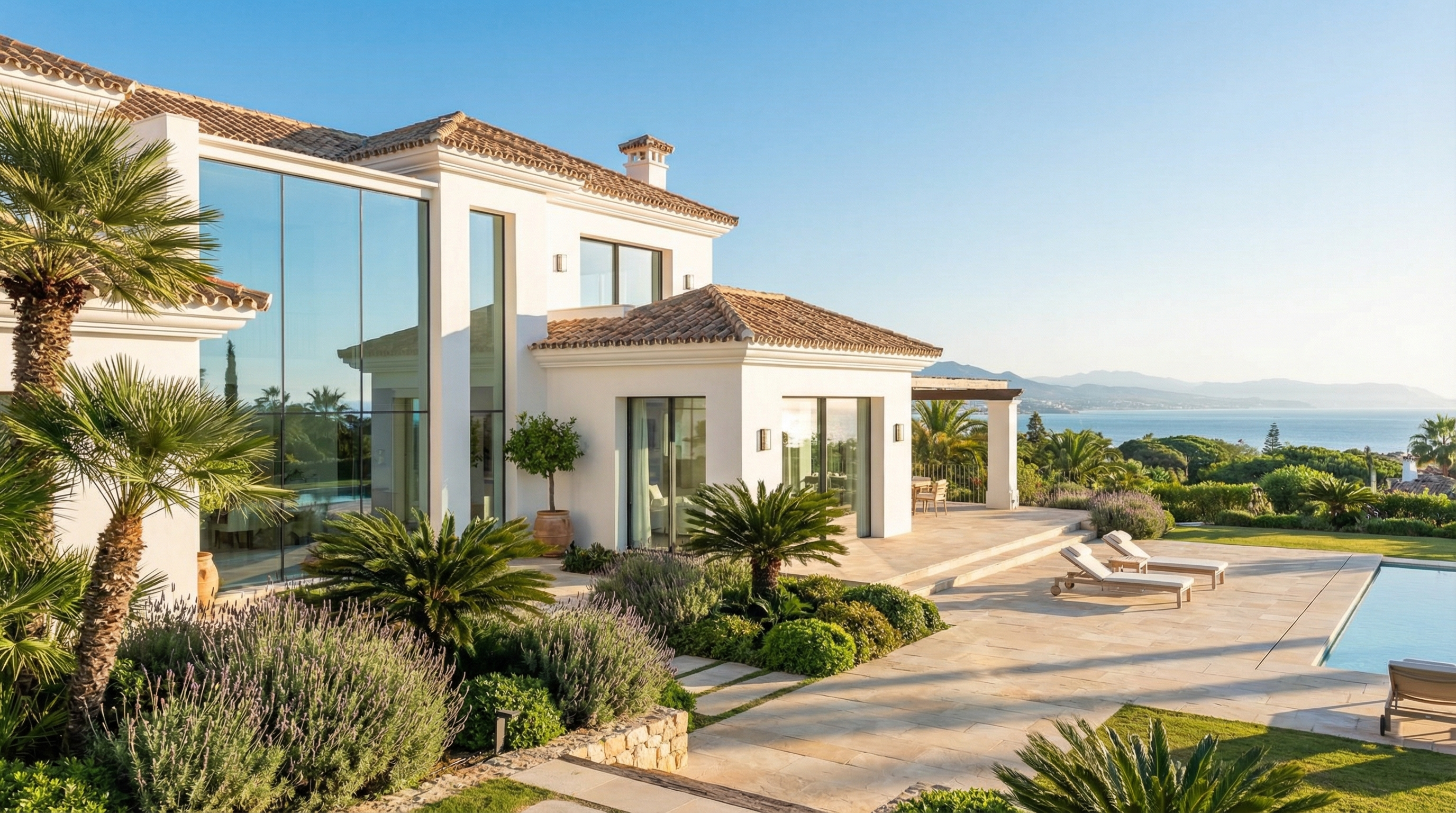 Moderne villa i middelhavsstil på Costa del Sol med hvite stucco vegger, terracotta tak og store vinduer som reflekterer den blå himmelen.