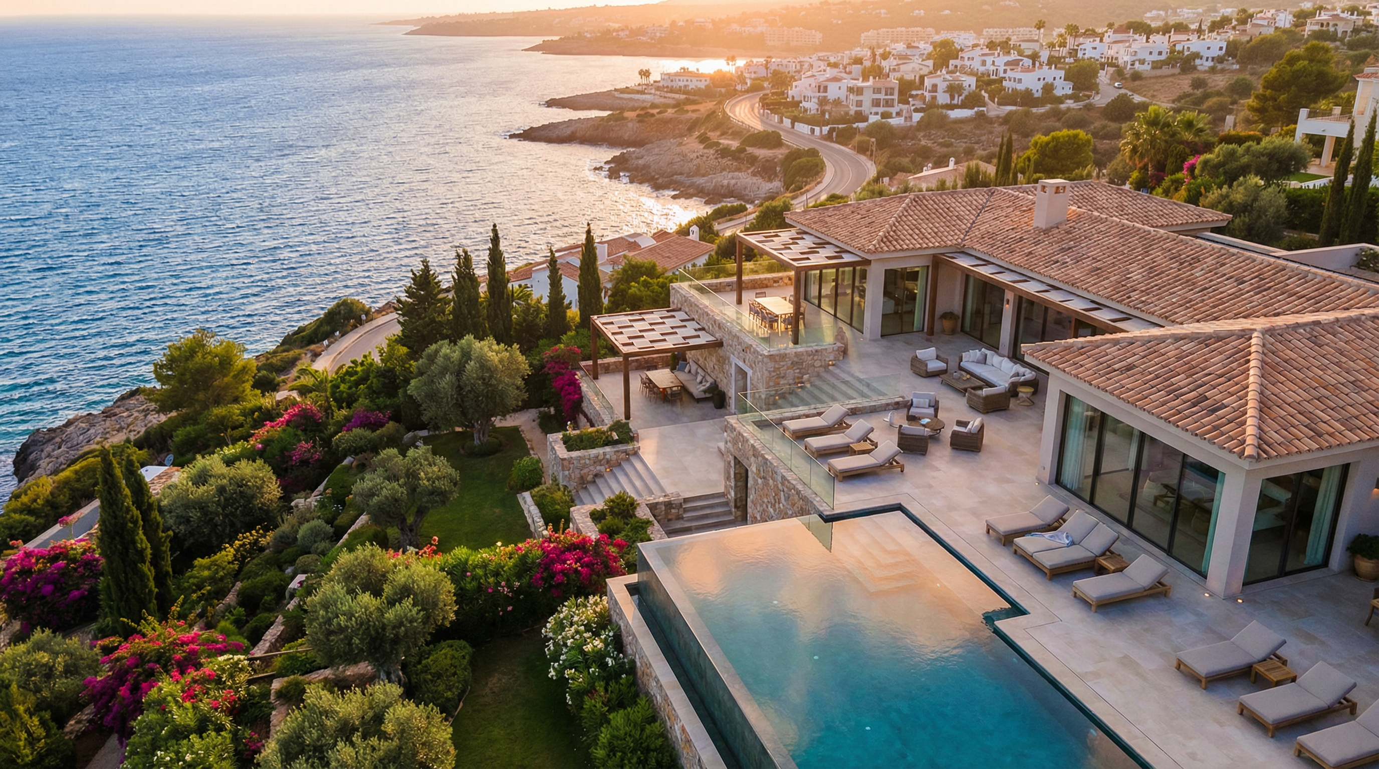 Luftbilde av en moderne luksusvilla med middelhavsdesign på Costa del Sol, omgitt av frodige hager og med utsikt over Middelhavet.